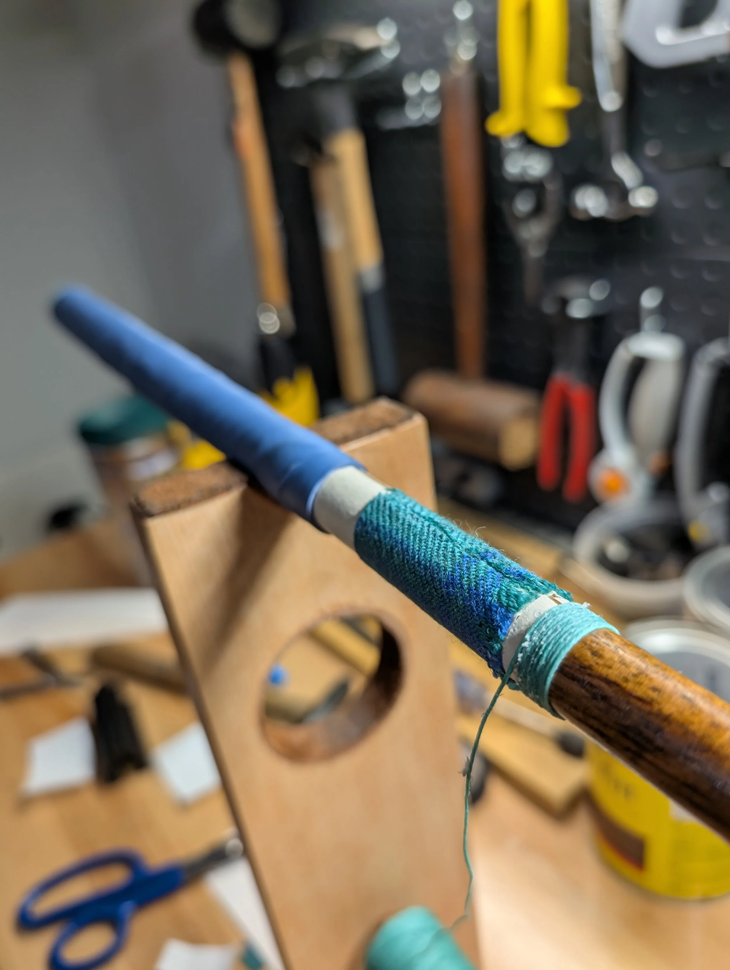 Detail of attaching the tartan fabric to the club. This was one of several techniques I learned working with Stu at the Hickory Golf Workshop in St. Andrews.