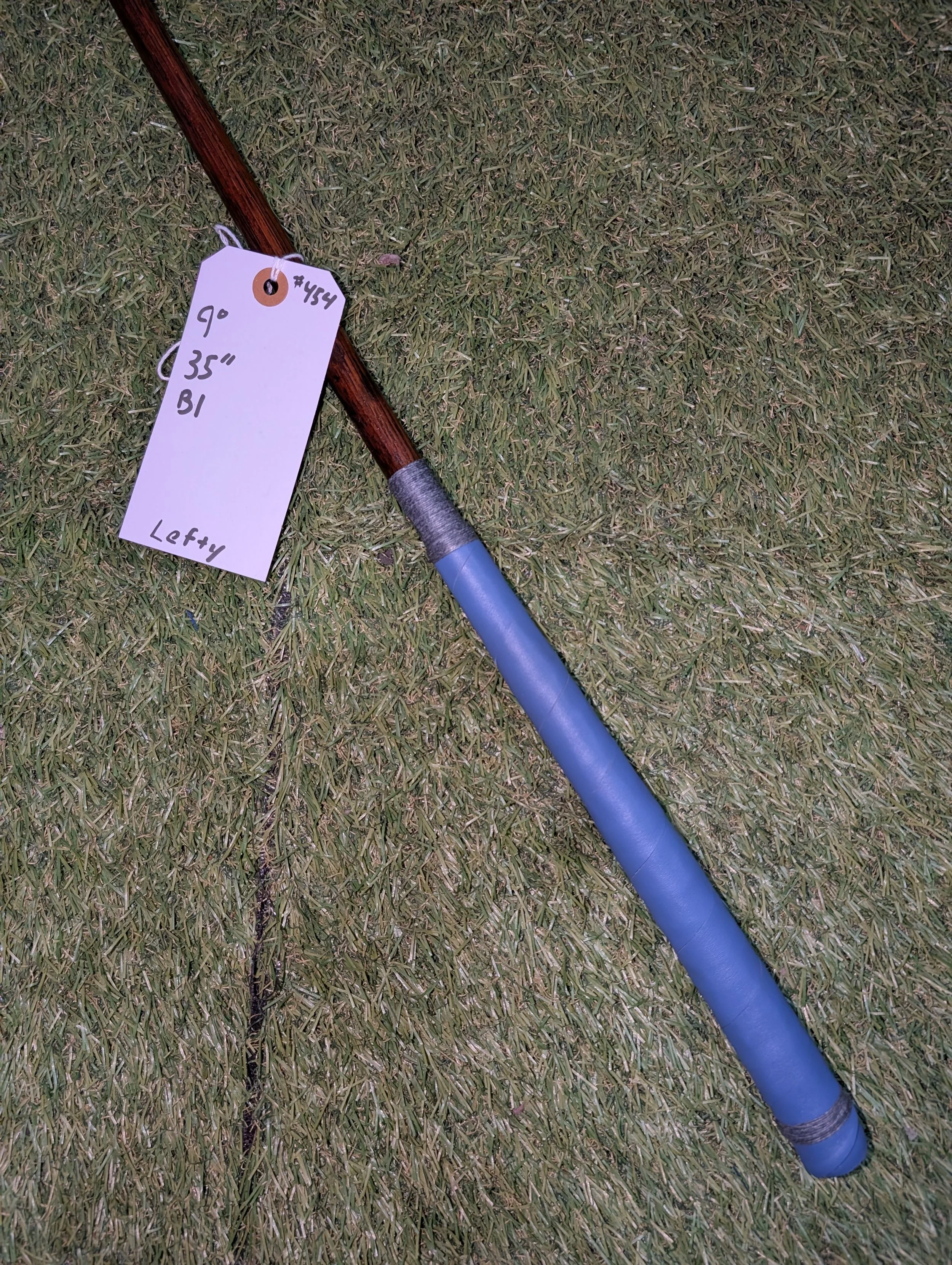 Left handed hickory golf club putter with a blue and grey color scheme