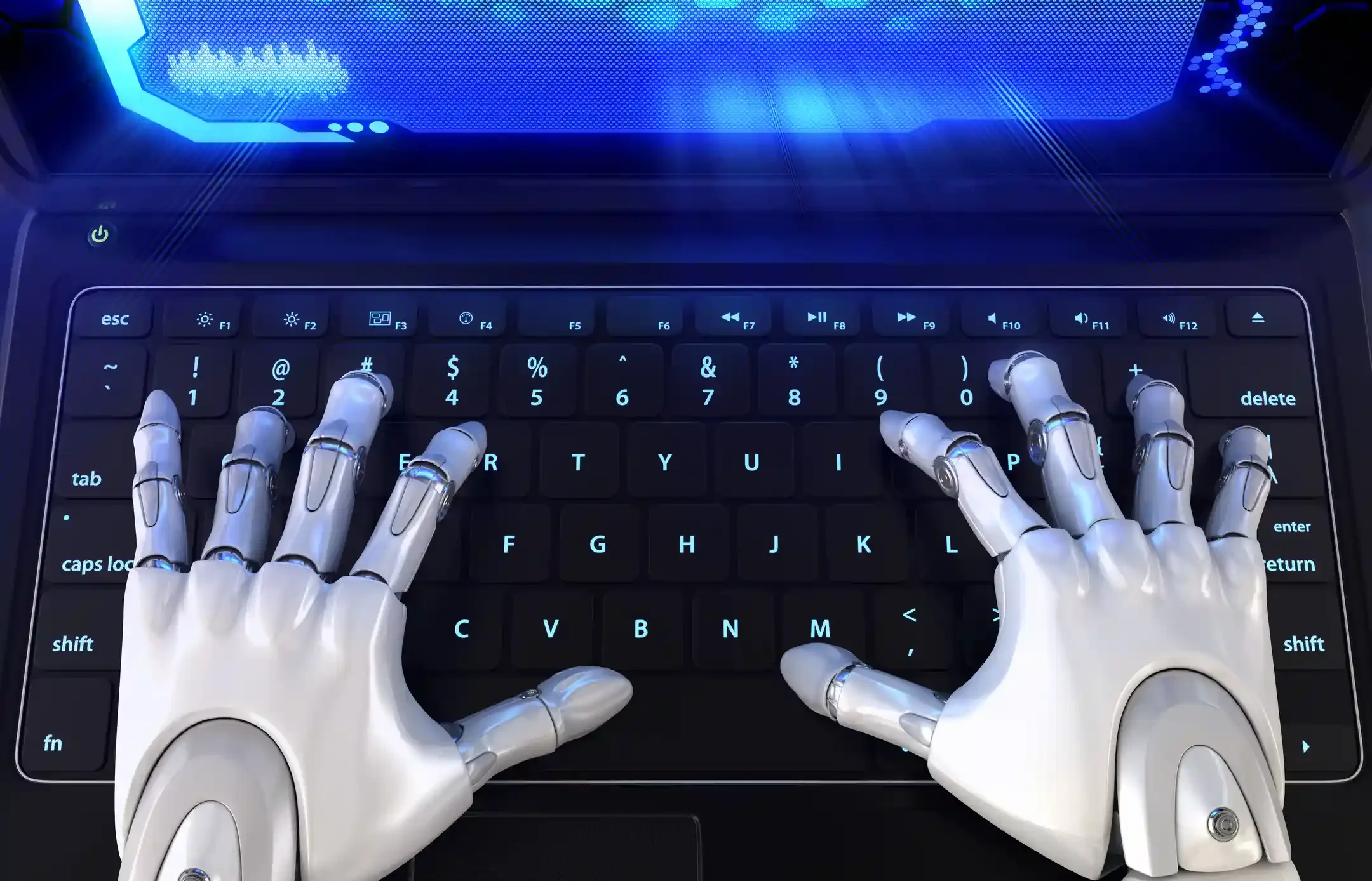 Robot hands typing on a laptop keyboard, representing AI-written college essays and automated content detection.