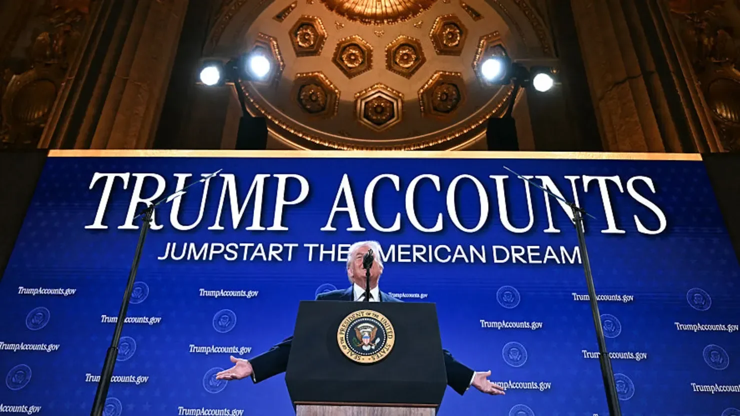 President Donald Trump speaks about Trump Accounts at the Andrew W. Mellon Auditorium in Washington, Jan. 28, 2026.