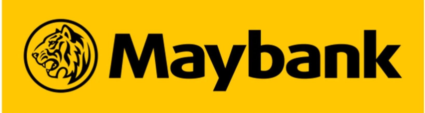 Maybank logo on a yellow background with a lion's head emblem and the word 'Maybank' in black text.