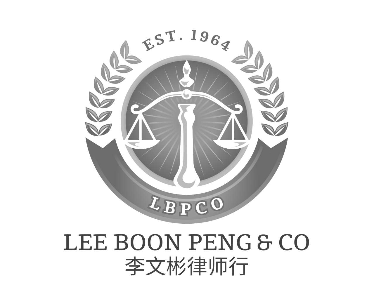 Logo for Lee Boon Peng & Co, a law firm established in 1964, featuring overlapping black, red, and gray text with Chinese characters.