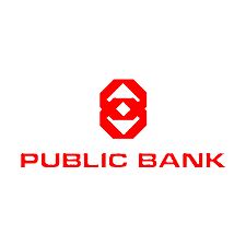 Logo of a public bank featuring a red hexagonal geometric shape with black accents and the words "PUBLIC BANK" underneath.
