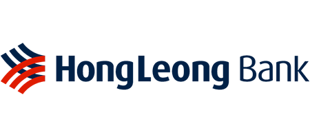 Hong Leong Bank logo with red and blue wavy lines on a black background.