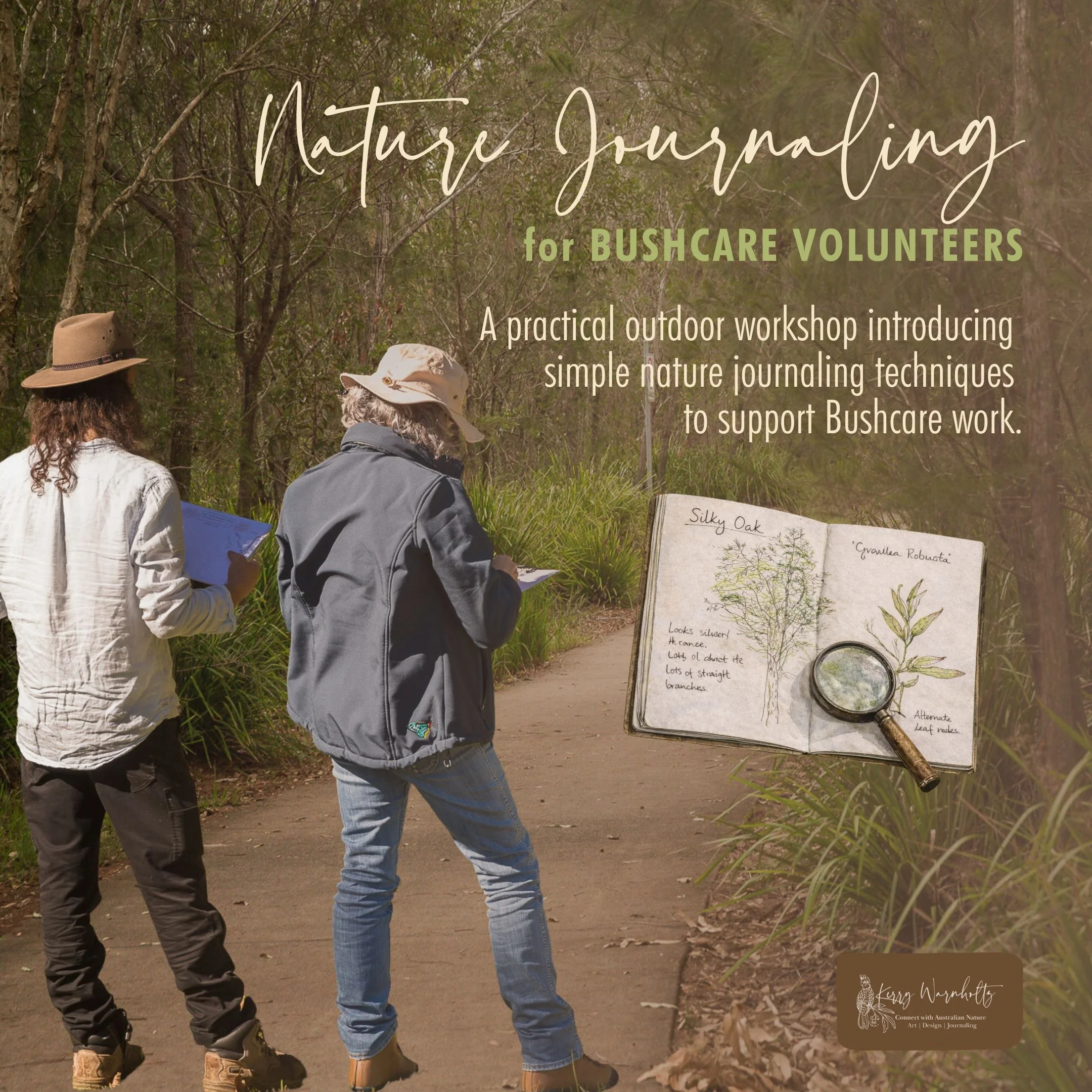Two Bushcare volunteers standing on a bush track while sketching in notebooks during an outdoor nature journaling workshop.