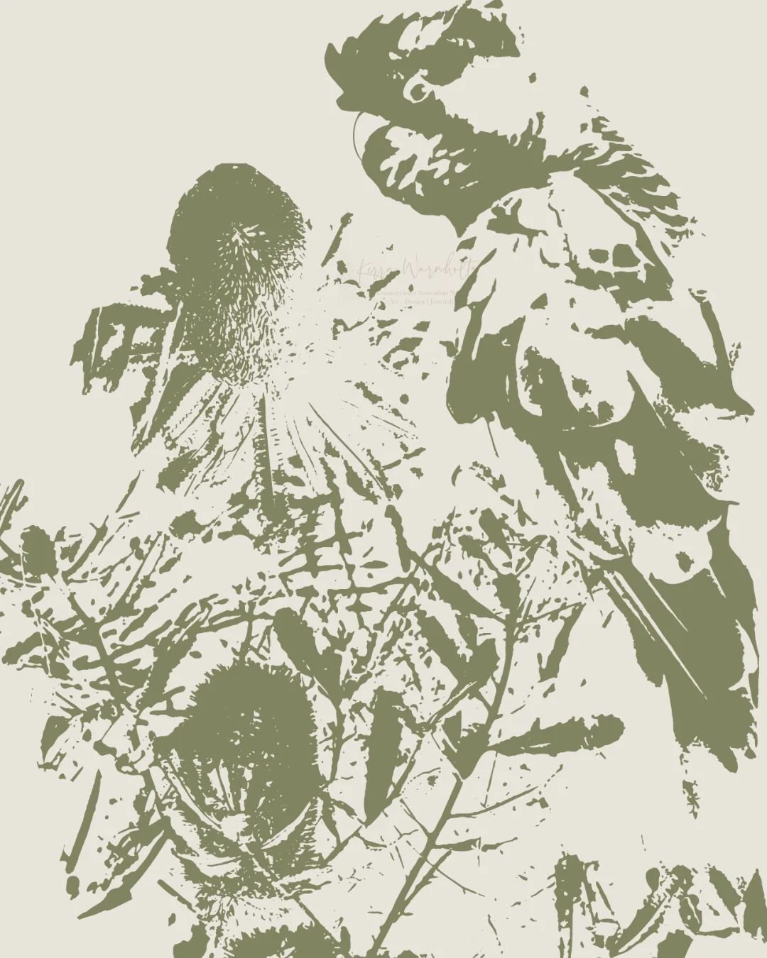 Black cockatoo and coastal banksia abstract silhouette art print in sage green