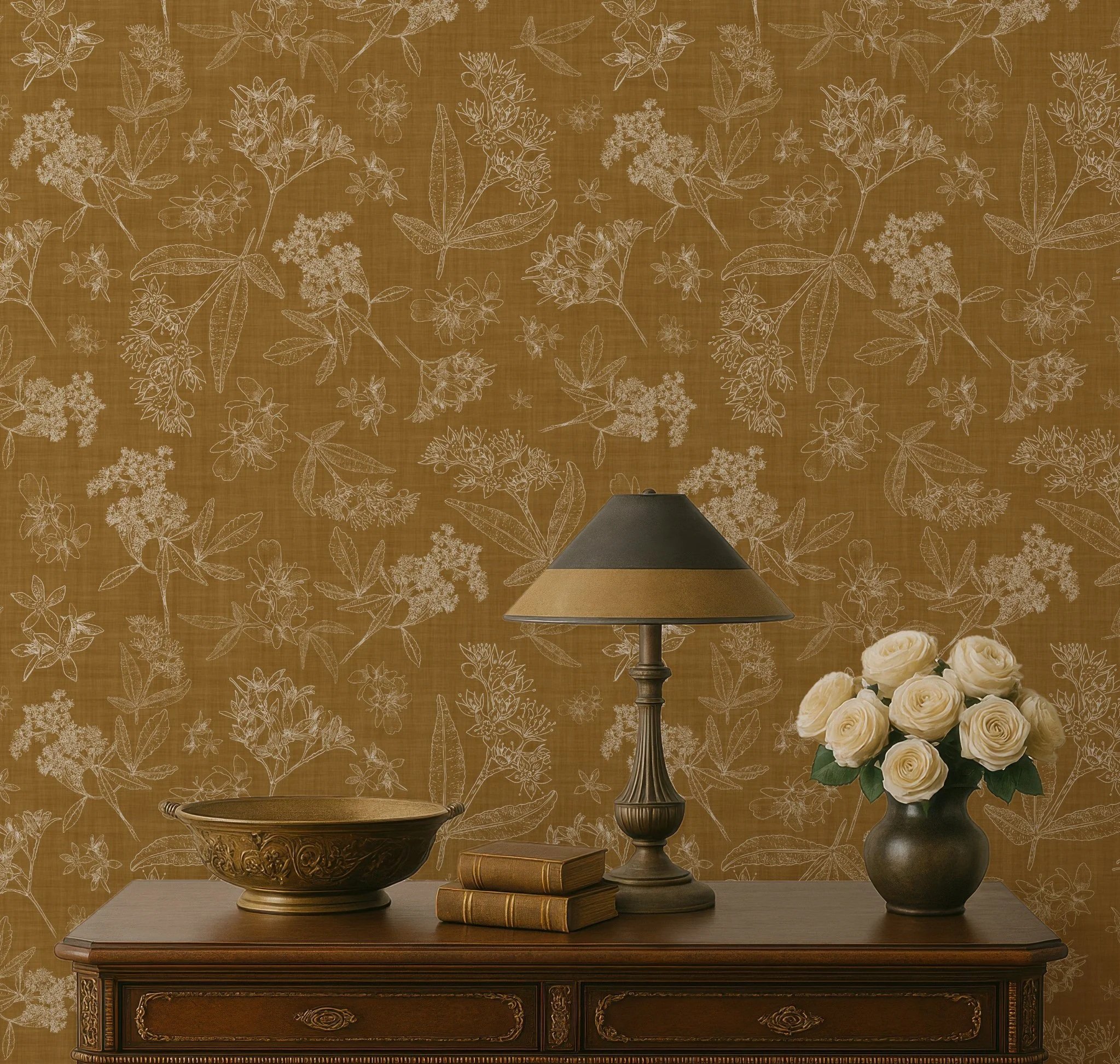 fall autumn wallpaper botanical illustration hand drawn botanicals linework in warm neutral cream beige on fall mustard yellow background