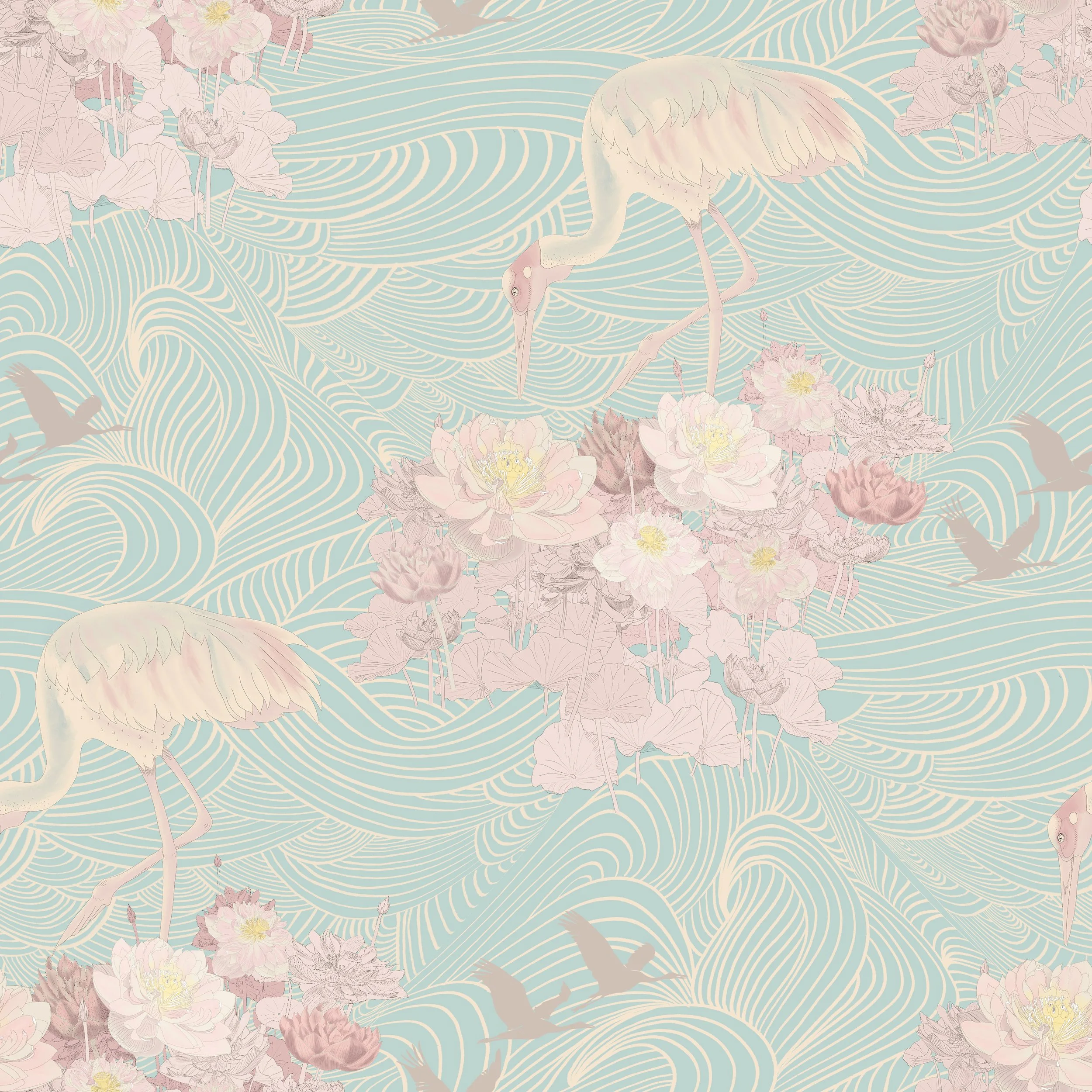 Crane and pink lotus flowers on mint green background with japanese waves line work
