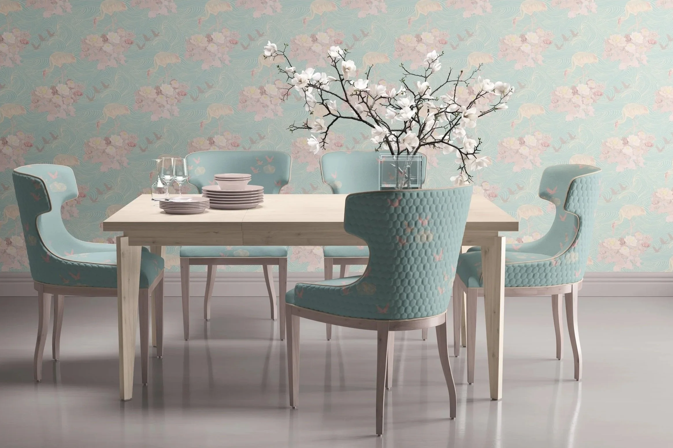 Pastel green upholstered dining chairs with flying brolga minimalist pattern with pastel green, pink, calming colours of japandi style australian brolga and pink lotus flowers.