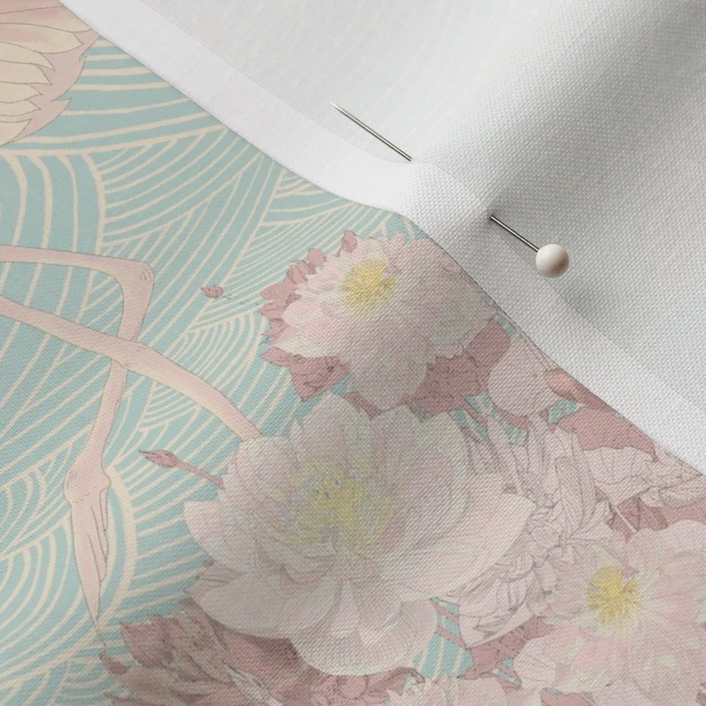 Green and Apricot Crane and Lotus Fabric