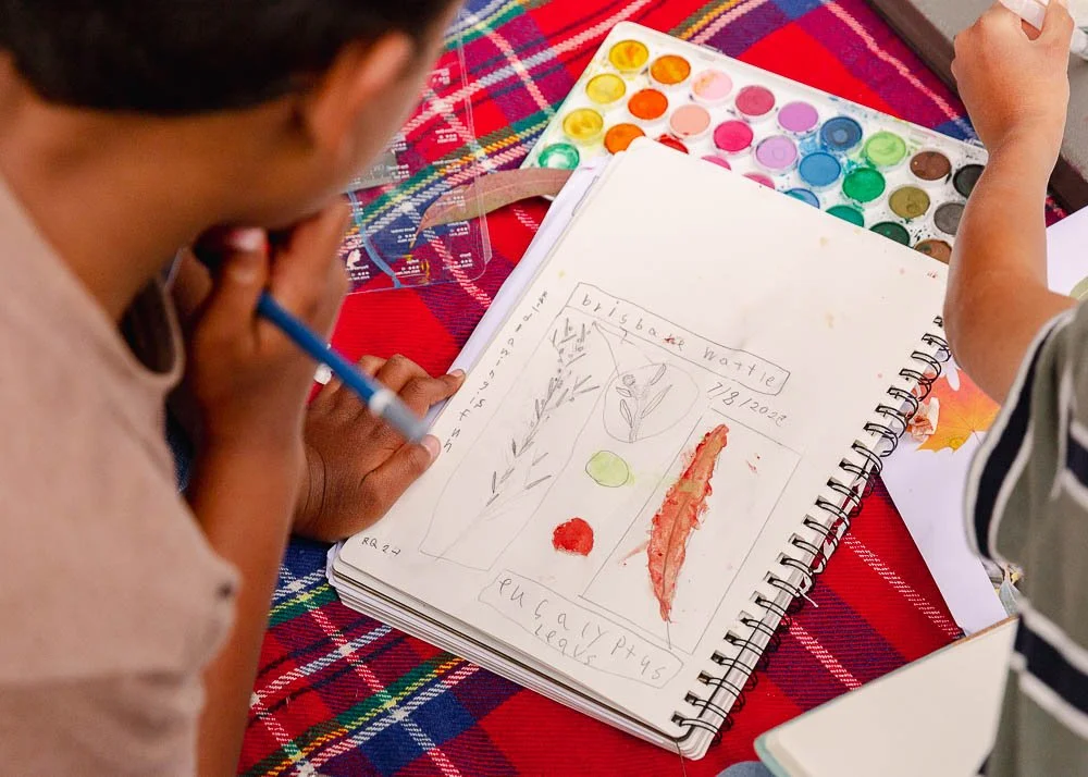 Child participating in an outdoor nature journaling session using watercolour paints and botanical sketches.