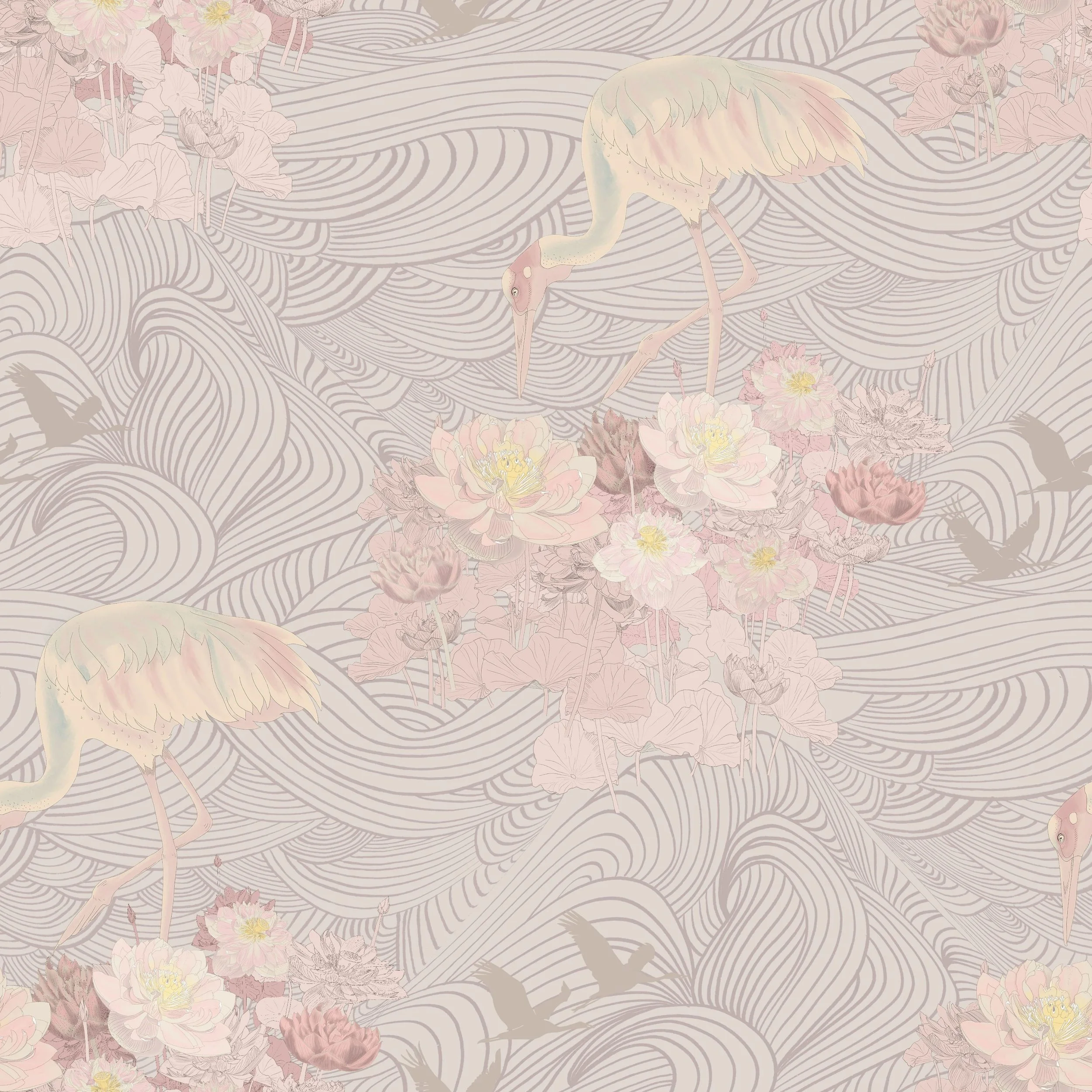 Australian Brolga-pink lotus flowers-japanese waves-pattern.jpg