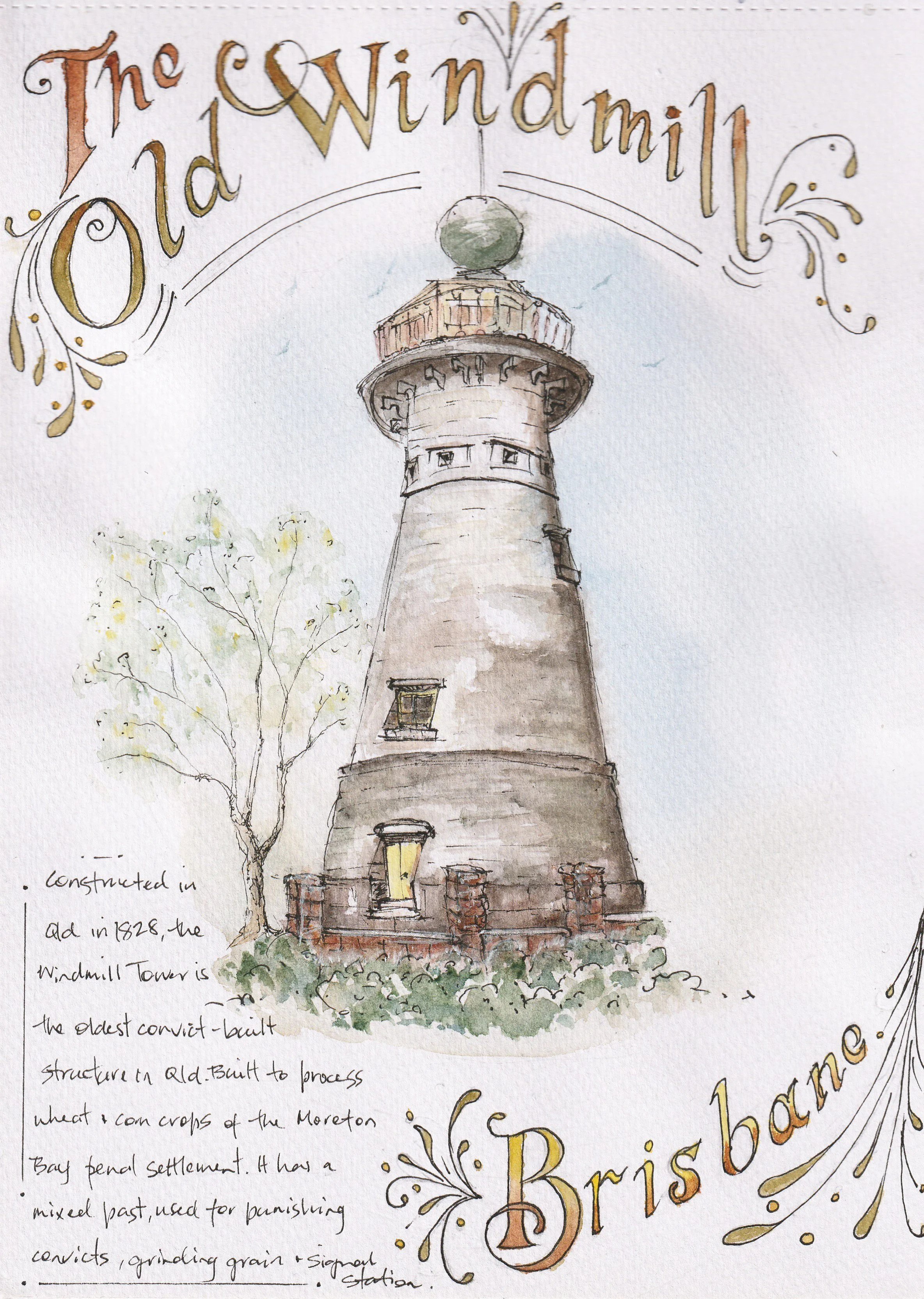 Nature journal page of Brisbane’s Old Windmill with hand-lettered title and watercolour sketch