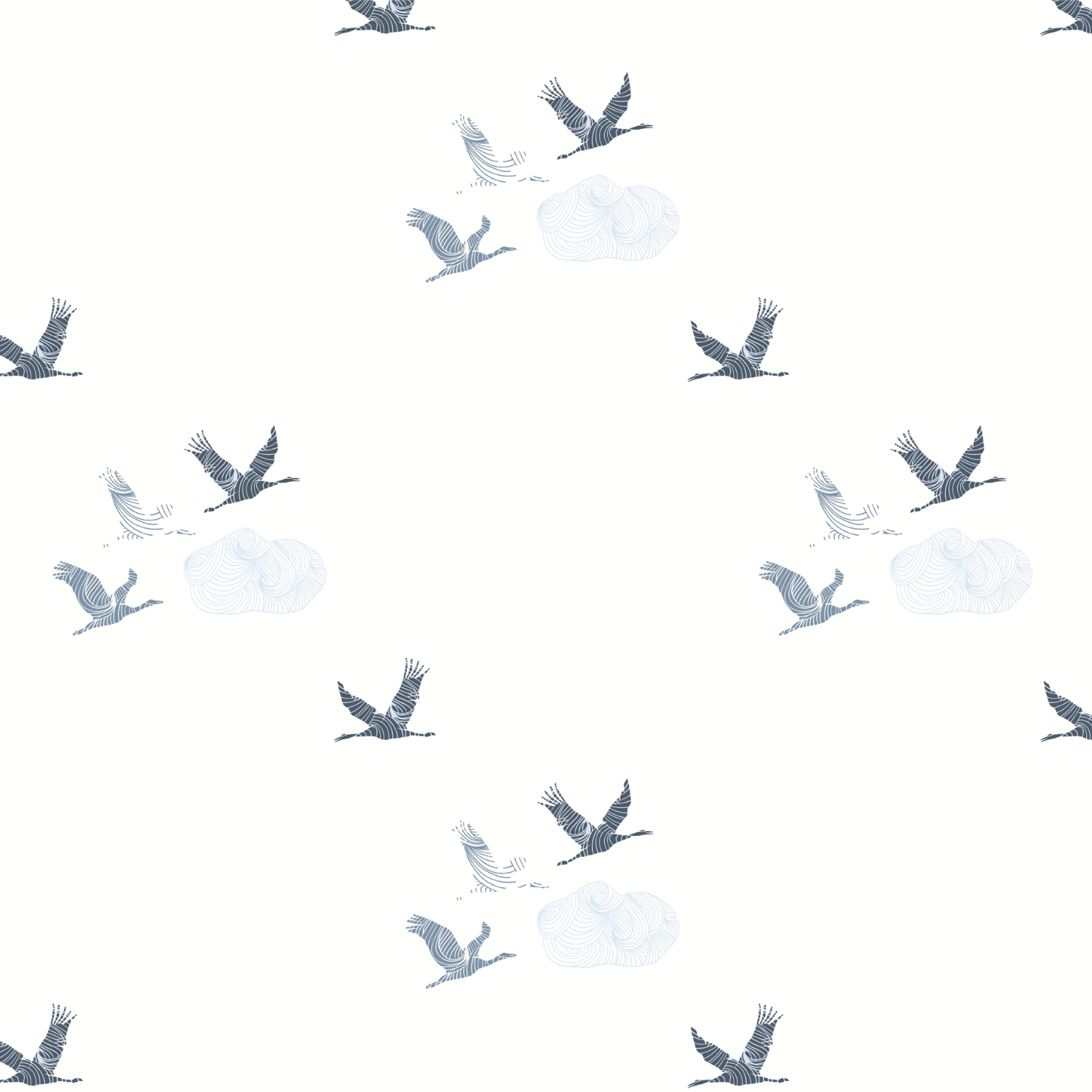 Flying Cranes over Japanese Cloud - Blue & White