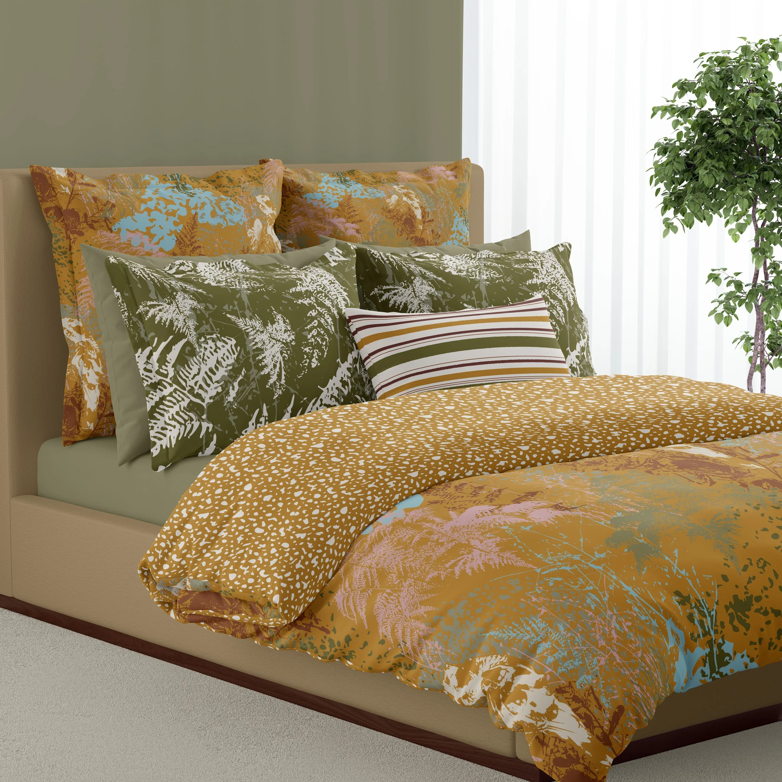 autumn fall modern abstract birds ferns bedding duvet bedroom interiors