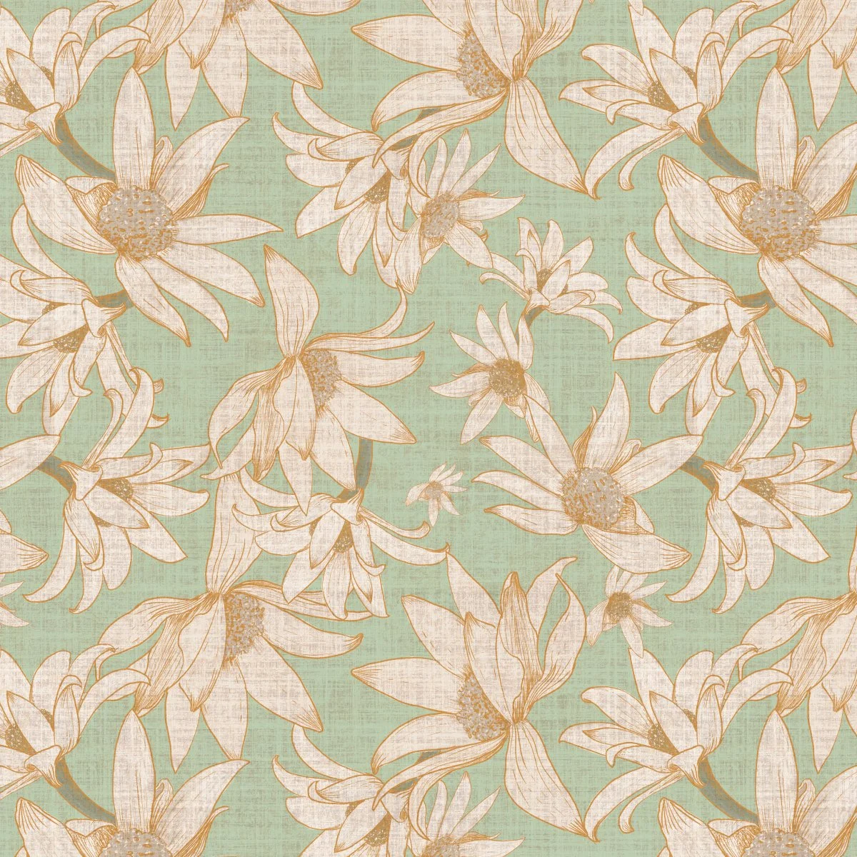 australian wildflowers native flora pattern in cream, gold and pastel mint green
