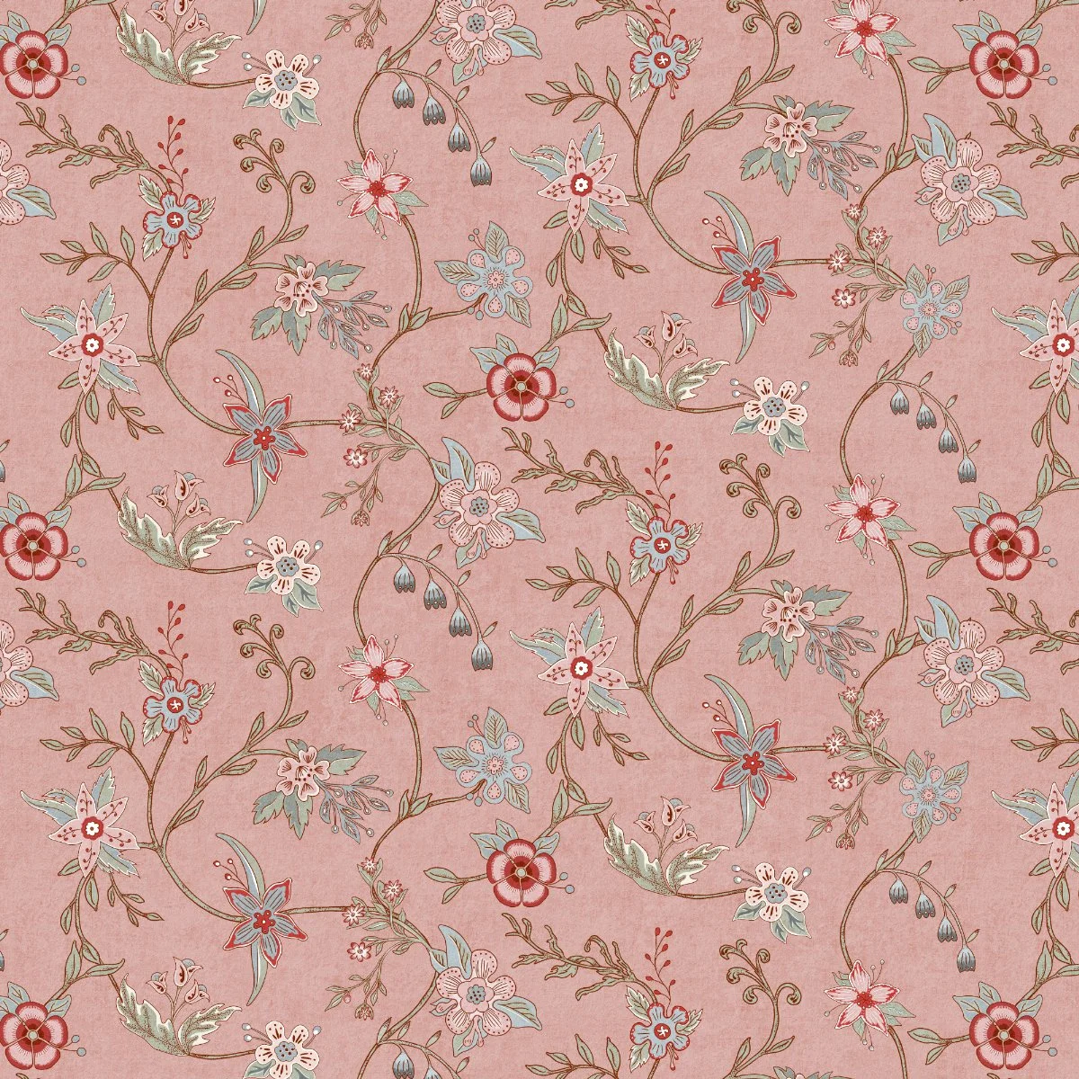 apricot indian floral pattern design with trailing vines in soft warm pink and blue hues