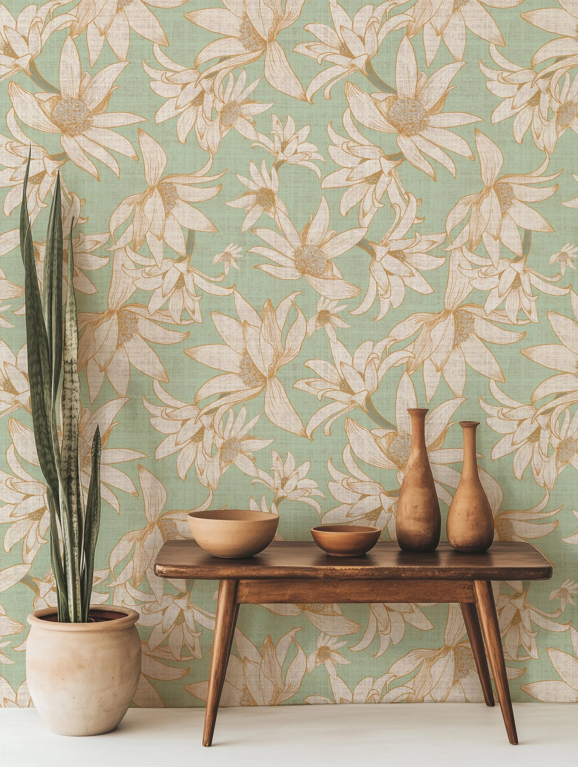 australian wildflowers flannel flowers floral wallpaper in cream, gold and pastel mint green