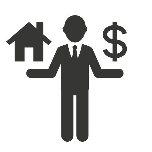 Silhouette of a person in a suit with house and dollar sign icons on either side, representing real estate and finance.
