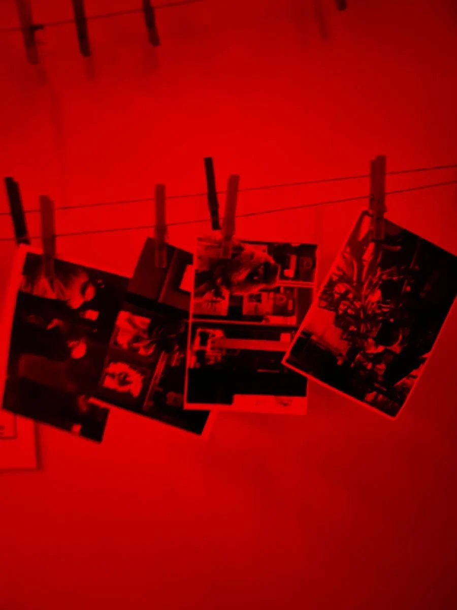 Photographs hanging on a string with clothespins silhouette against a red background.