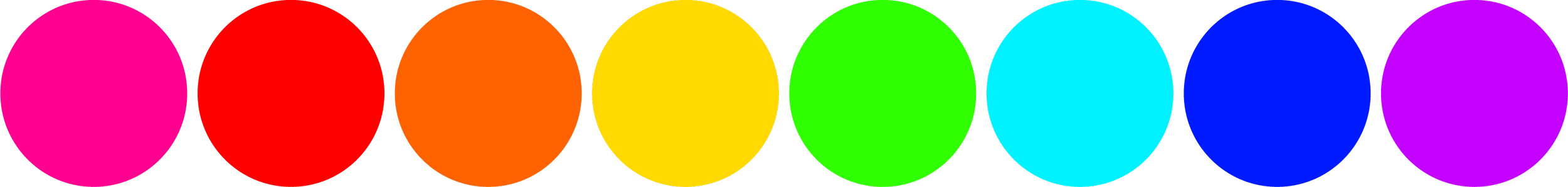 Row of multicolored circles in pink, red, orange, yellow, green, light blue, dark blue, and purple colors.