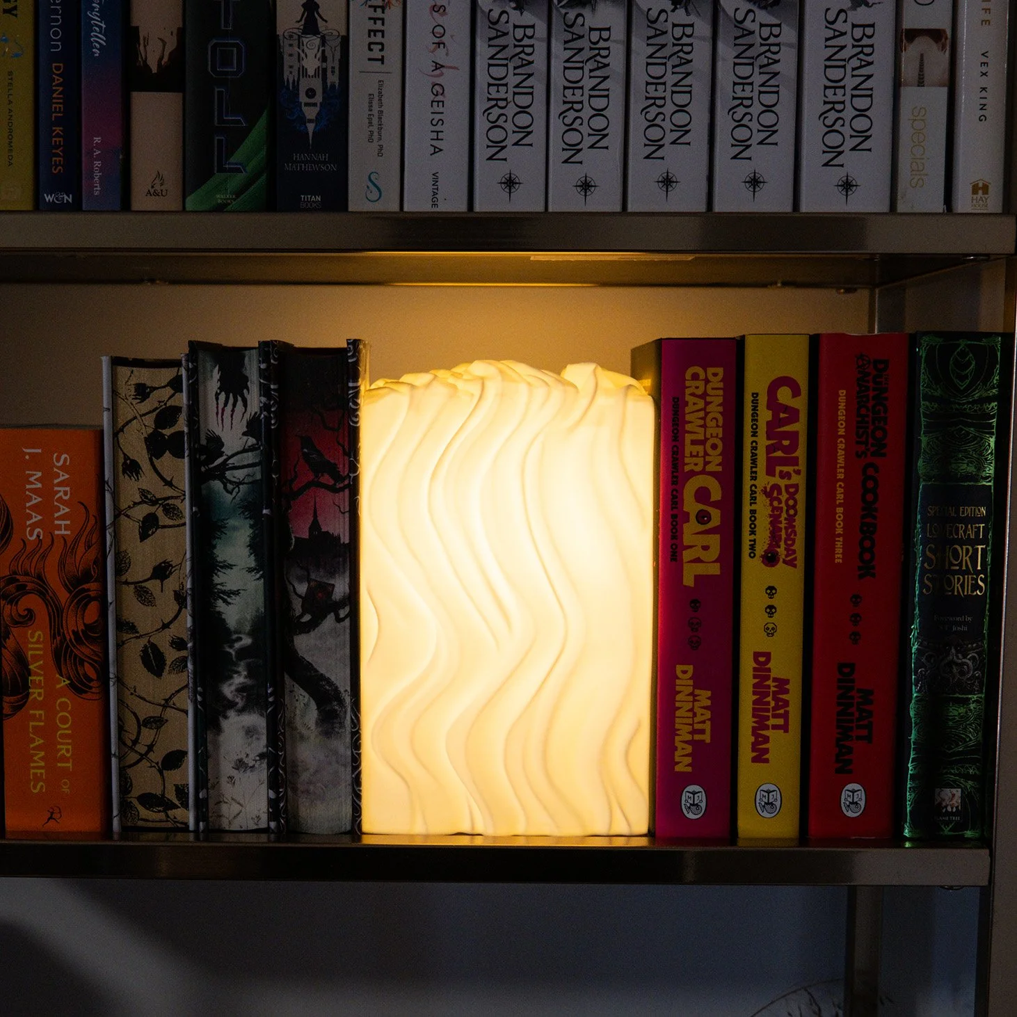 A bookshelf with various books and a glowing lamp shaped like a wave in the center.