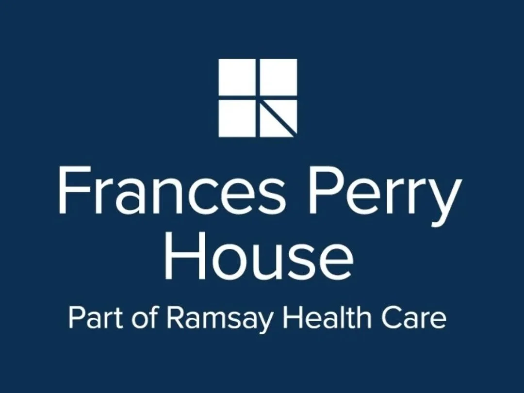 Logo and text for Frances Perry House, part of Ramsay Health Care, on a blue background.
