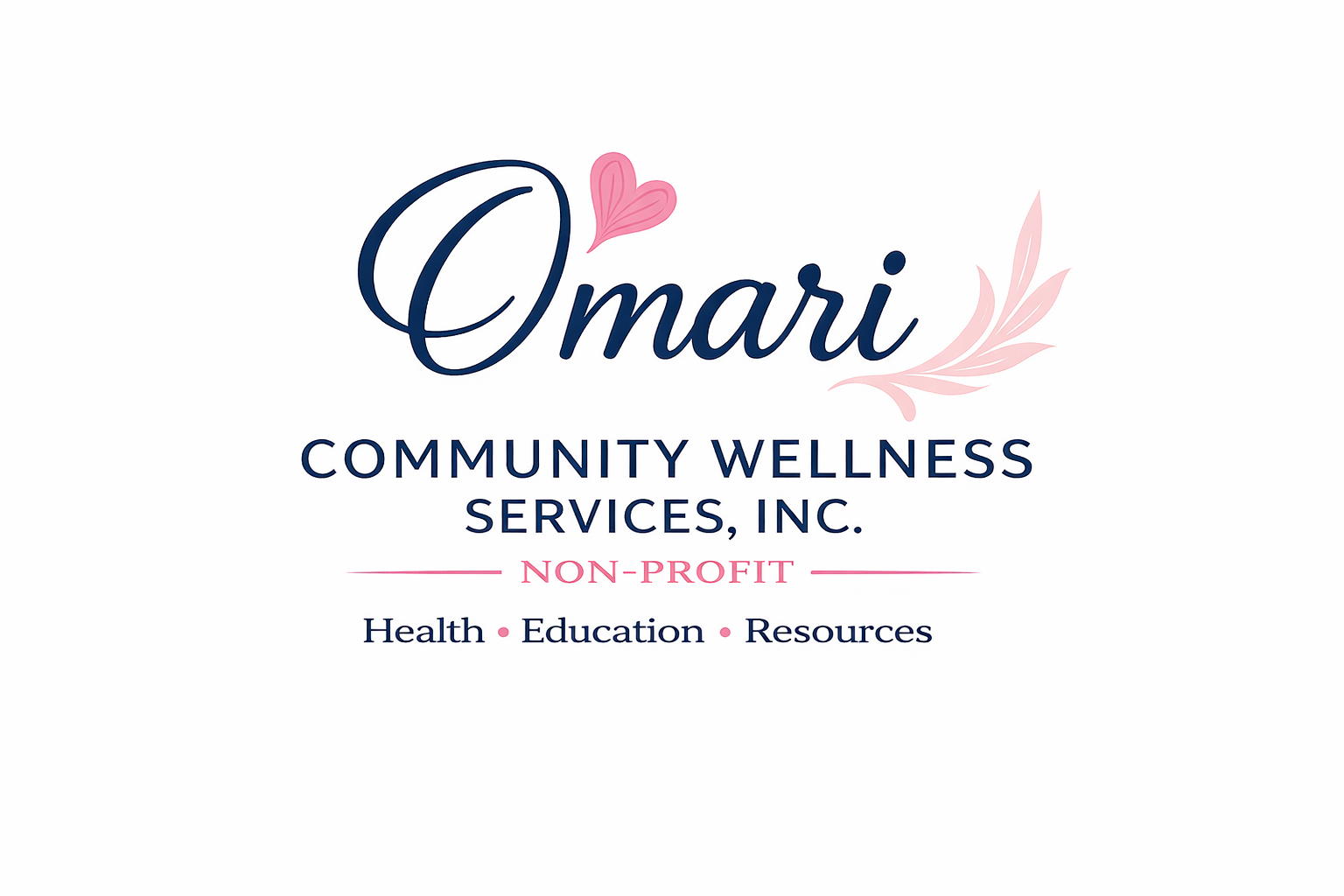 Logo of O'mari Community Wellness Services, Inc., a nonprofit organization focused on health, education, and resources, with a pink heart and leaf design.