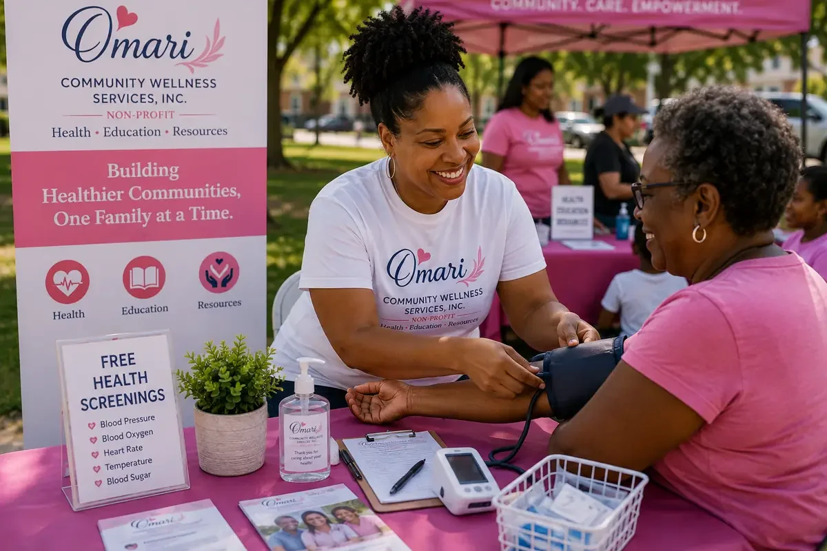 A woman with a white T-shirt smiling as she checks a patient's blood pressure at an outdoor health screening event organized by Omari Community Wellness Services, Inc. The setup includes informational brochures, a sign about free health screenings, hand sanitizer, and a small potted plant on pink-covered tables, with other volunteers and attendees in the background.