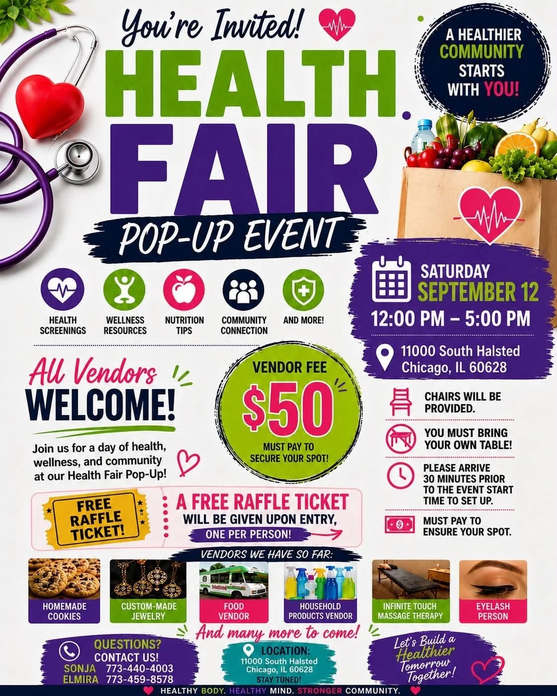 Flyer for a health fair pop-up event with details about date, time, location, vendors, and activities including health screenings, wellness resources, nutrition tips, community connection, and more. Features images of a stethoscope, a bag of groceries, and icons for health and community.