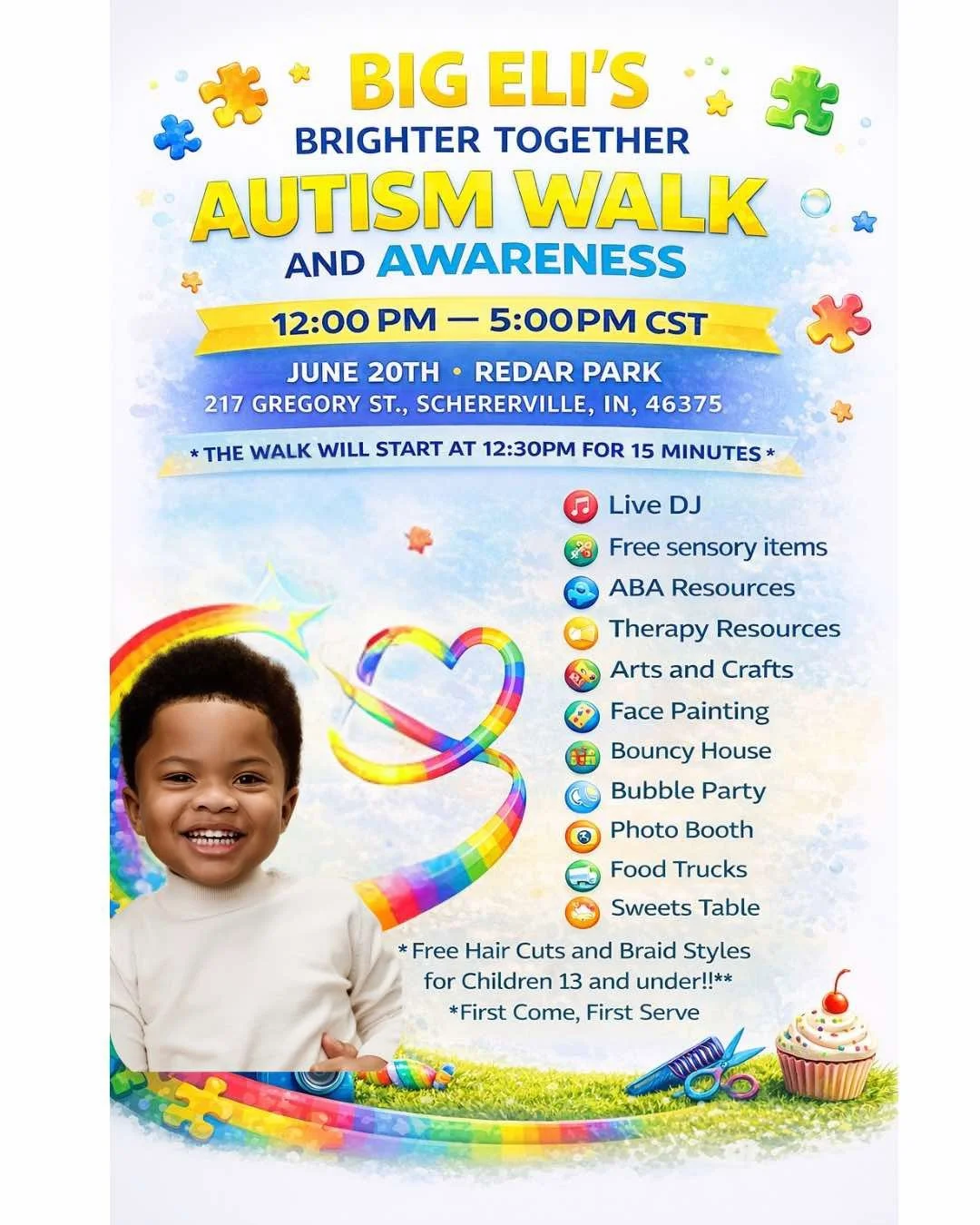 Flyer for Big Eli's Brighter Together Autism Walk and Awareness event on June 20th at Redar Park in Schererville, Indiana, featuring activities like live DJ, sensory items, ABA and therapy resources, arts and crafts, face painting, bounce house, bubble party, photo booth, food trucks, and sweets table, with a smiling young boy and colorful puzzle pieces and rainbow-themed decorations.