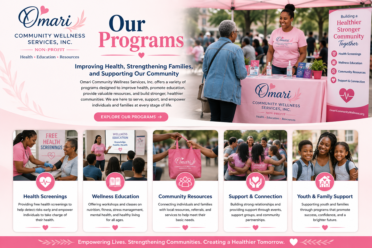 A community event booth for Omari Community Wellness Services, Inc., promoting health screenings, wellness education, community resources, support and connection, with a woman in pink assisting visitors, informational banners, and a group hug among community members.