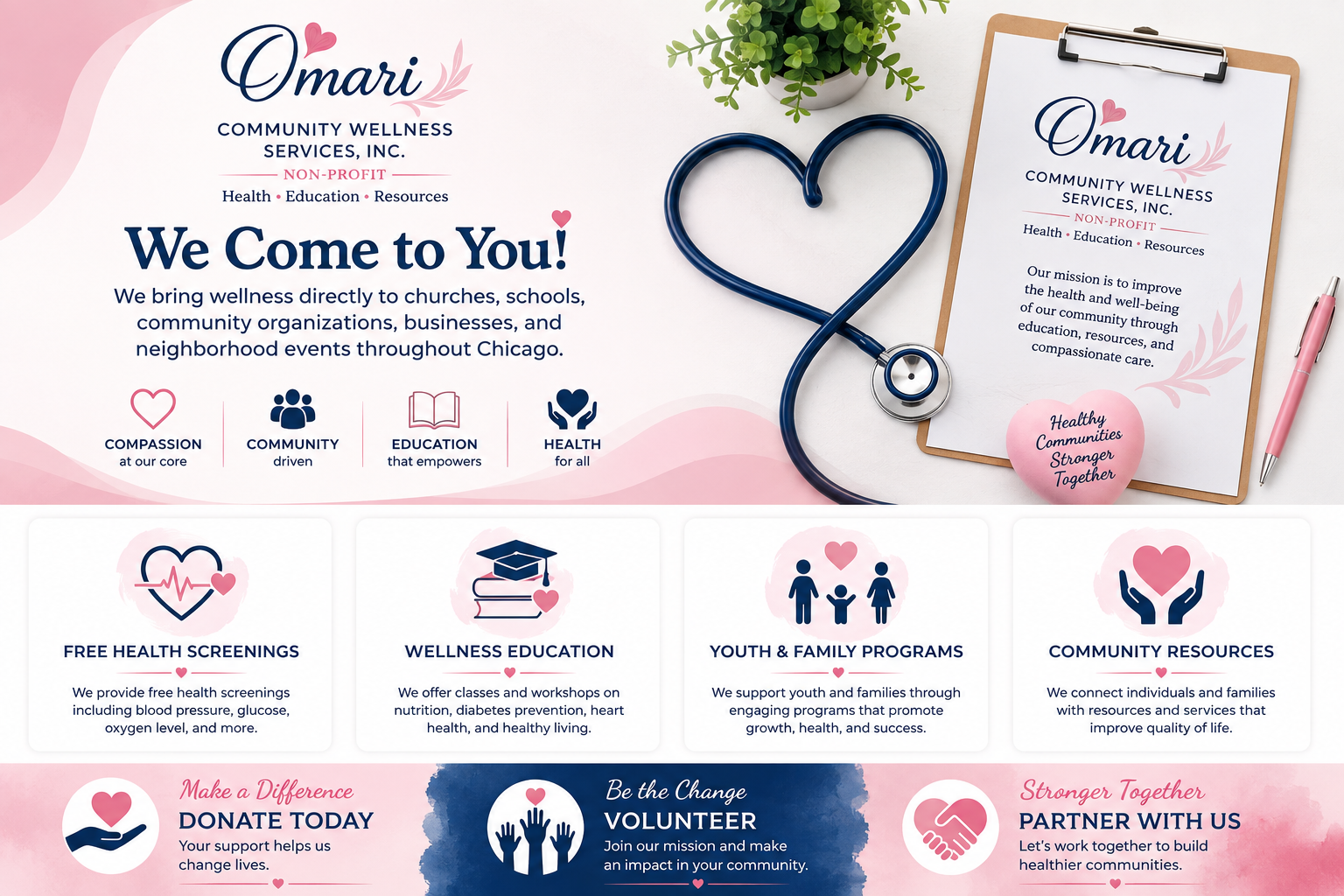 A promotional flyer for Omari Community Wellness Services, Inc. featuring health, education, and resource initiatives. The flyer includes a stethoscope shaped like a heart, a clipboard with the organization's logo, and four sections highlighting free health screenings, wellness education, youth and family programs, and community resources, with pink and navy color accents.