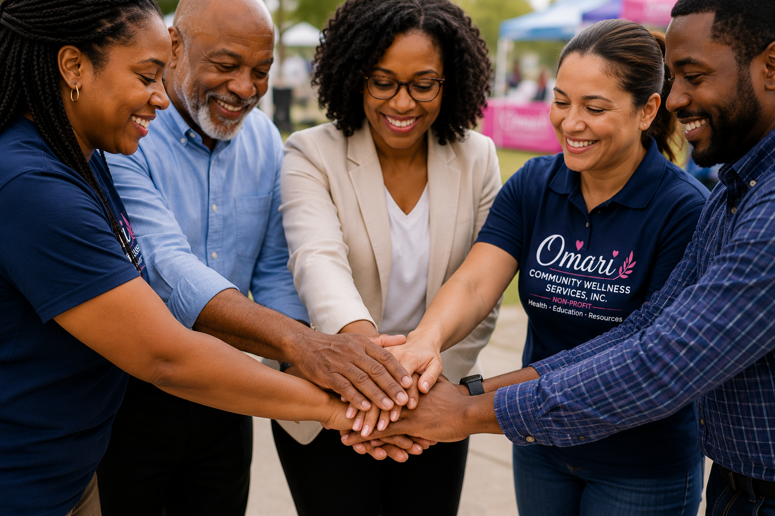 Group of six diverse adults at an outdoor event, placing hands together in a show of teamwork and unity, some wearing nonprofit organization shirts.
