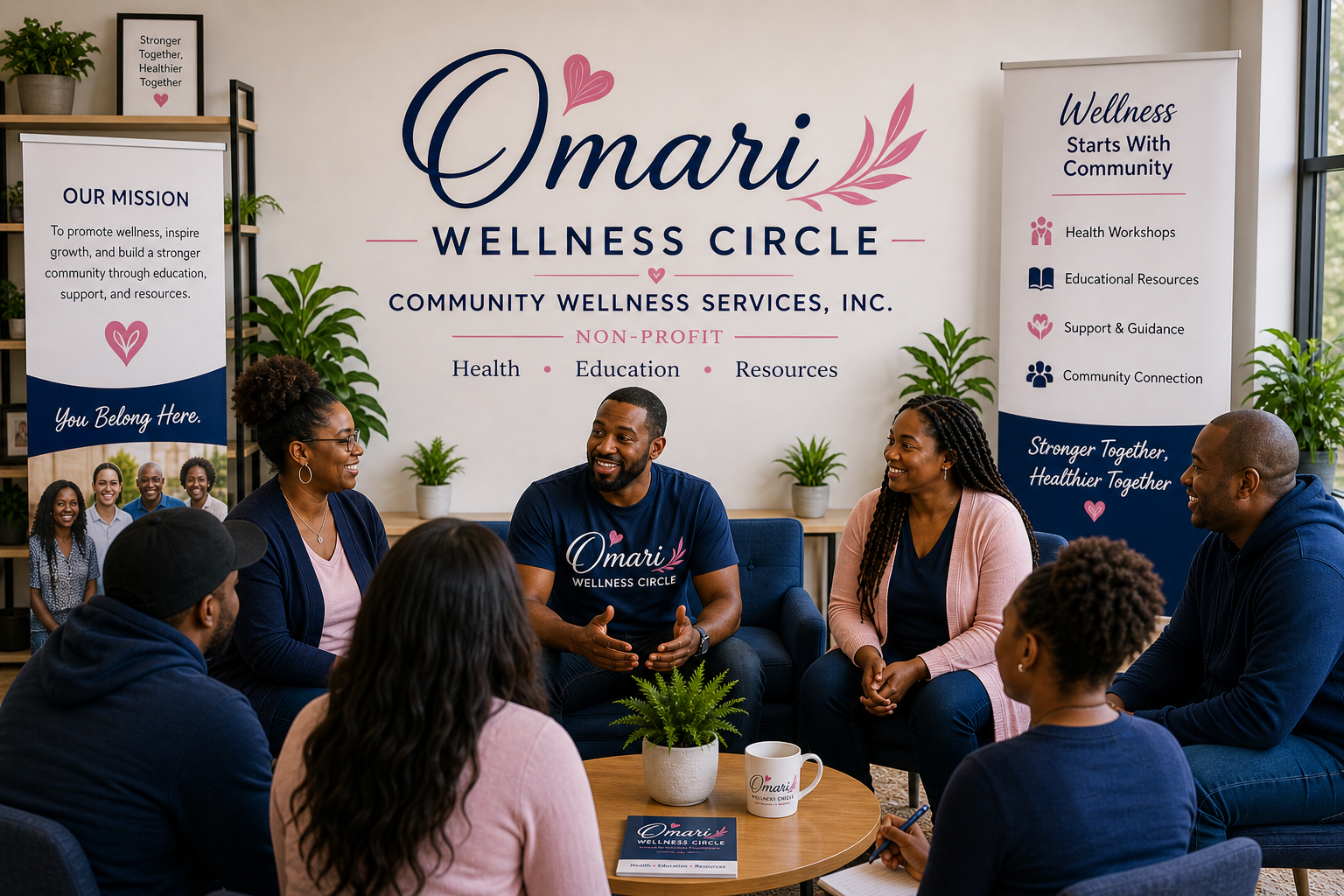 Group of diverse people having a wellness or community meeting in a room decorated with posters and banners promoting health, education, and community connection for Omairi Wellness Circle.