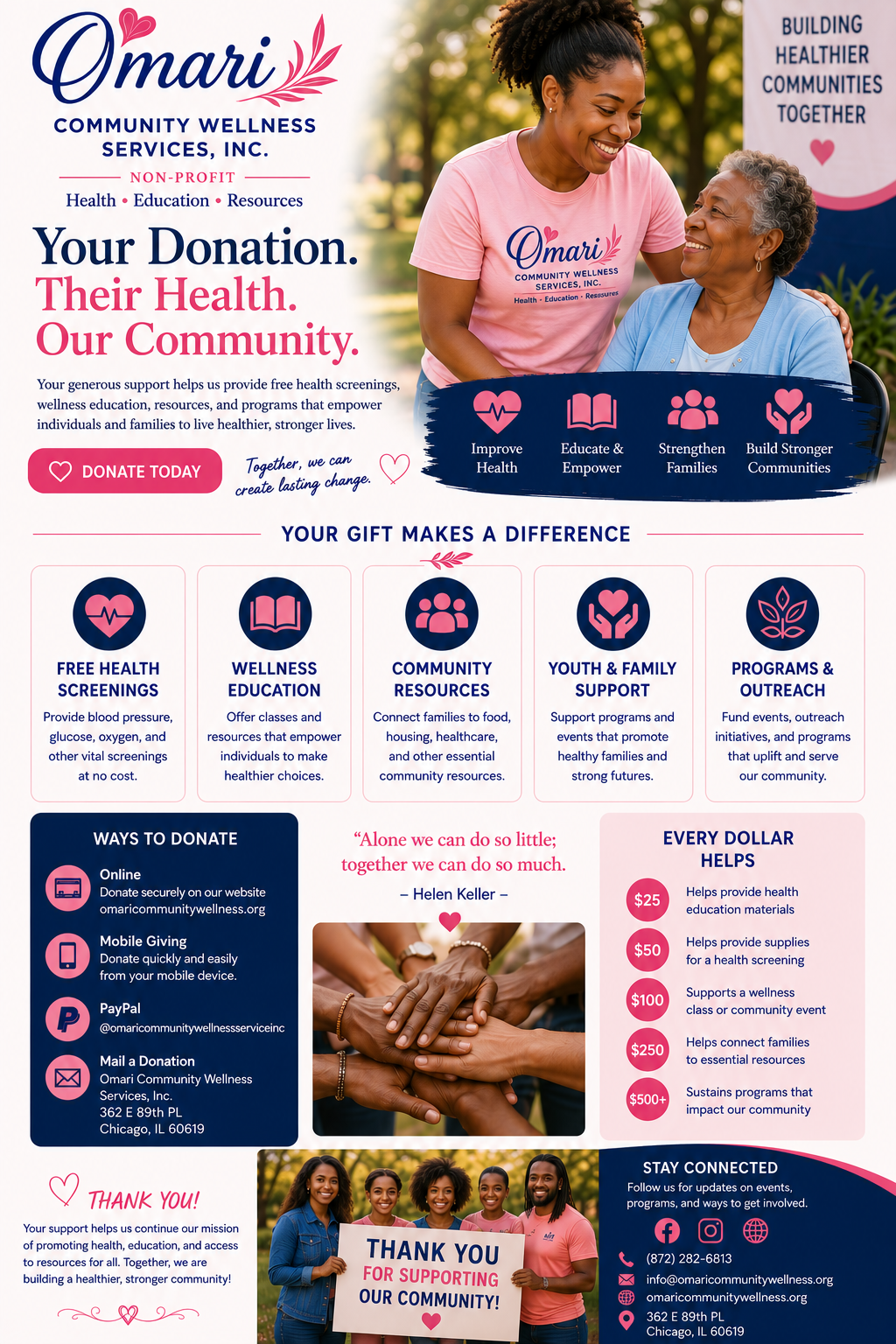 A promotional poster for Omari Community Wellness Services, Inc., featuring a young woman supporting an elderly woman, with text about community health programs, donation options, and a group of people holding a supportive sign.