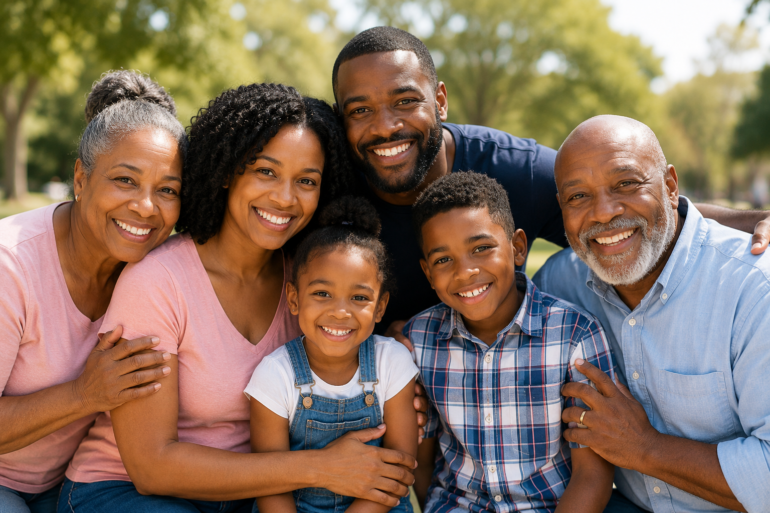 Family of seven smiling and gathered closely outdoors in a park with trees in the background.