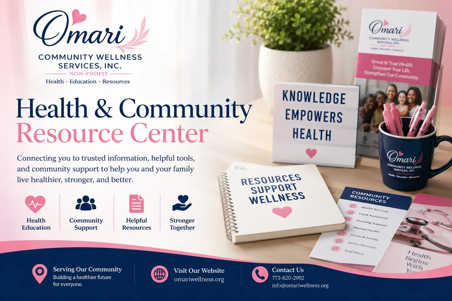 Promotional flyer for Omar, Community Wellness Services, Inc., featuring resources on health and community support, with brochures, a mug, a potted plant, and informational materials on a desk.