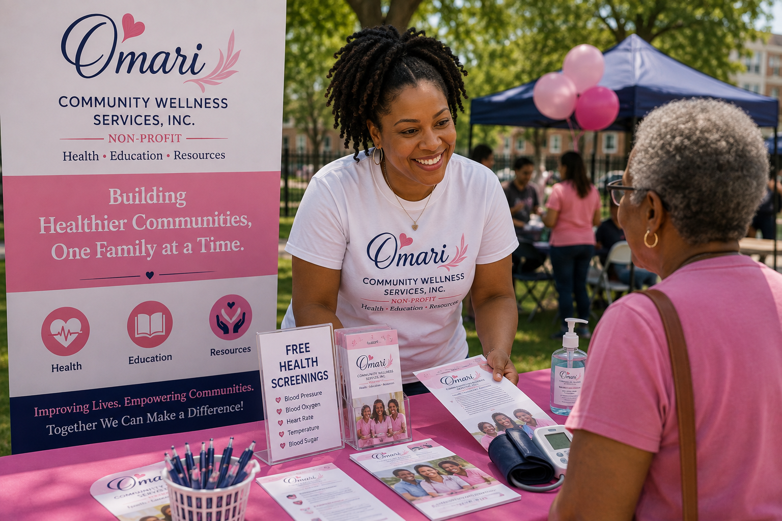 A woman in a white t-shirt with the Omari Community Wellness Services logo talking to an older woman in a pink shirt at a community event booth. The booth offers free health screenings, informational flyers, and hand sanitizer.