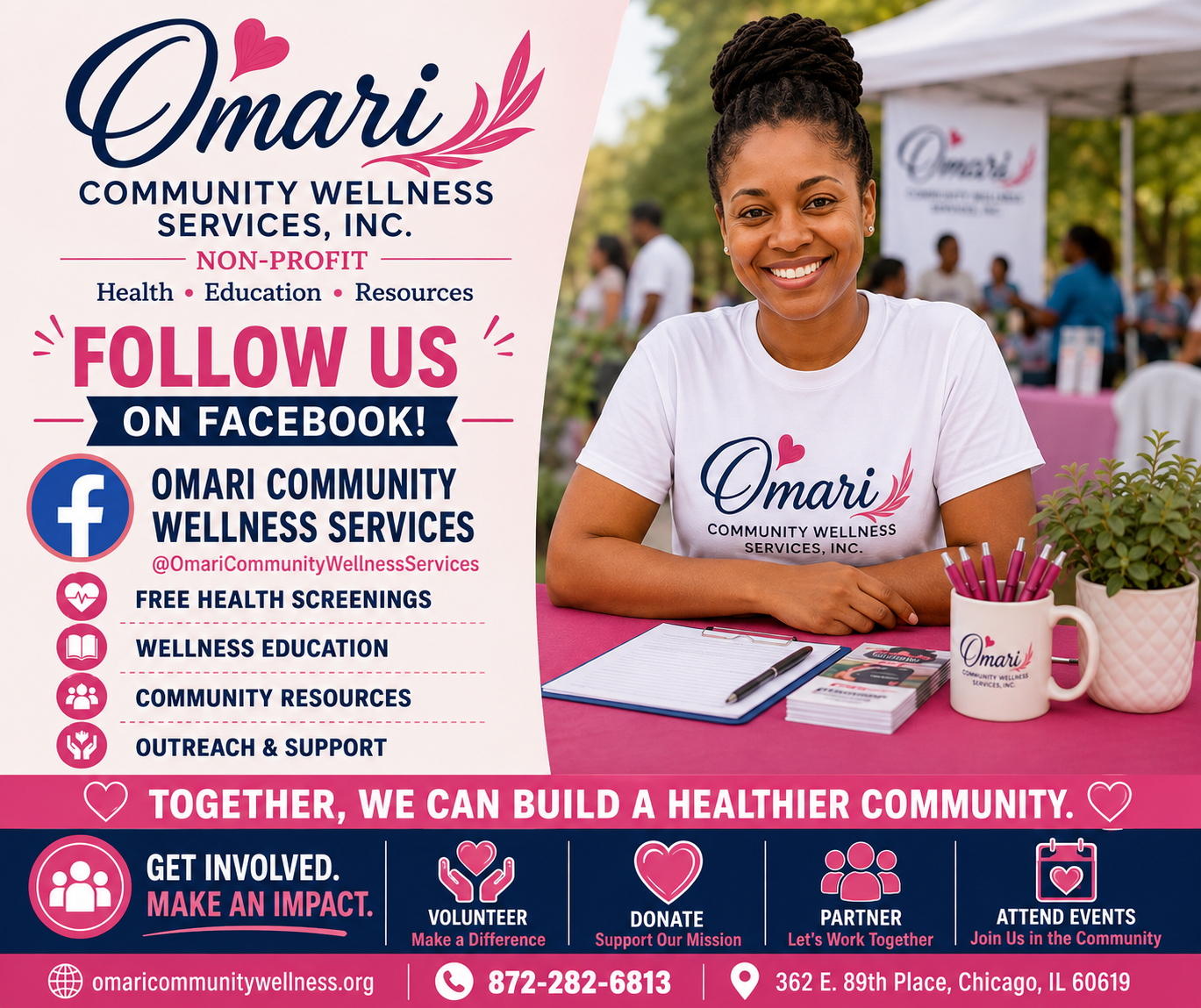 A smiling woman at a community wellness event for Omar Community Wellness Services, Inc., with promotional materials on a table and a banner in the background, promoting health screenings, wellness education, and community resources.