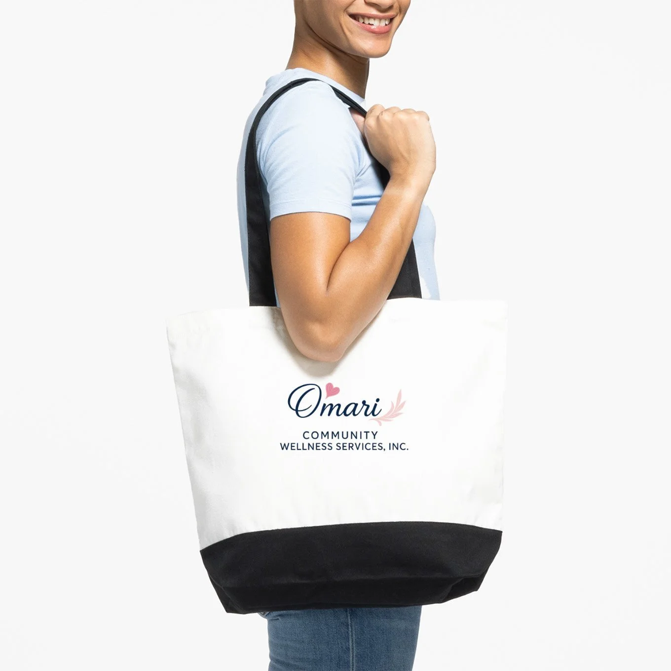 Omari Community Wellness Logo Tote — Medium (White/Black)