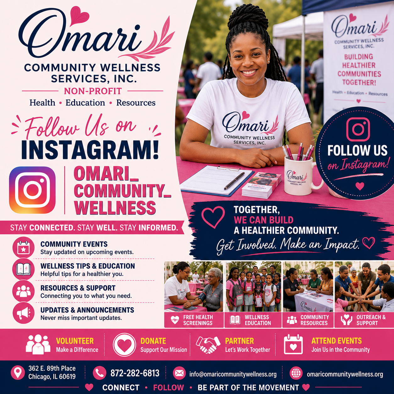 Flyer for Omari Community Wellness Services, Inc., a nonprofit promoting health, education, and resources in the community. Features a smiling woman in a white T-shirt with the organization’s logo, at an outdoor community event. Highlights social media follow us on Instagram, community events, wellness tips, resources, updates, volunteering, donations, partnerships, and upcoming events, with contact details and social media icons.
