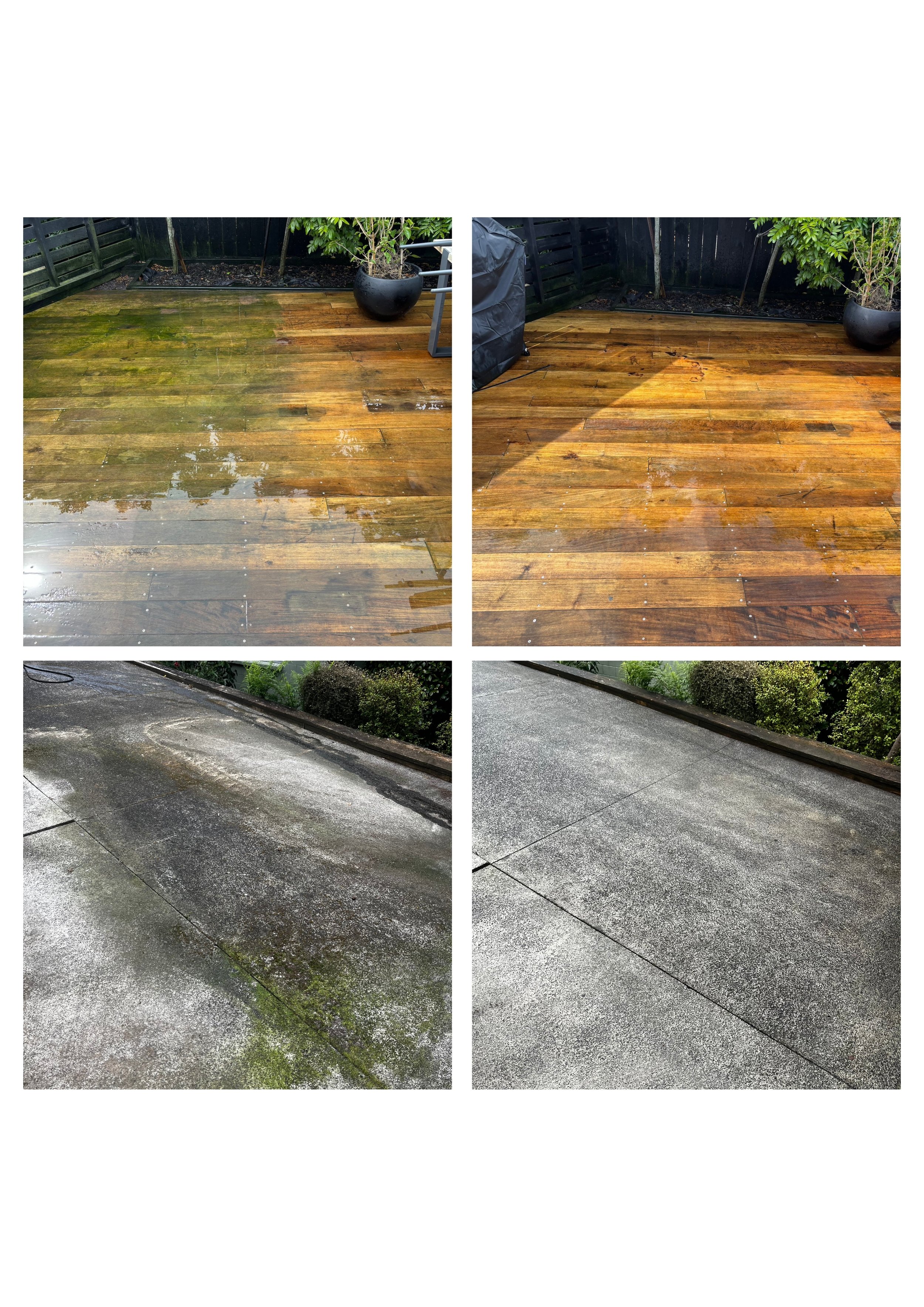 Comparison of a wet deck before and after cleaning, showing a wooden deck in the top images and a concrete surface in the bottom images.
