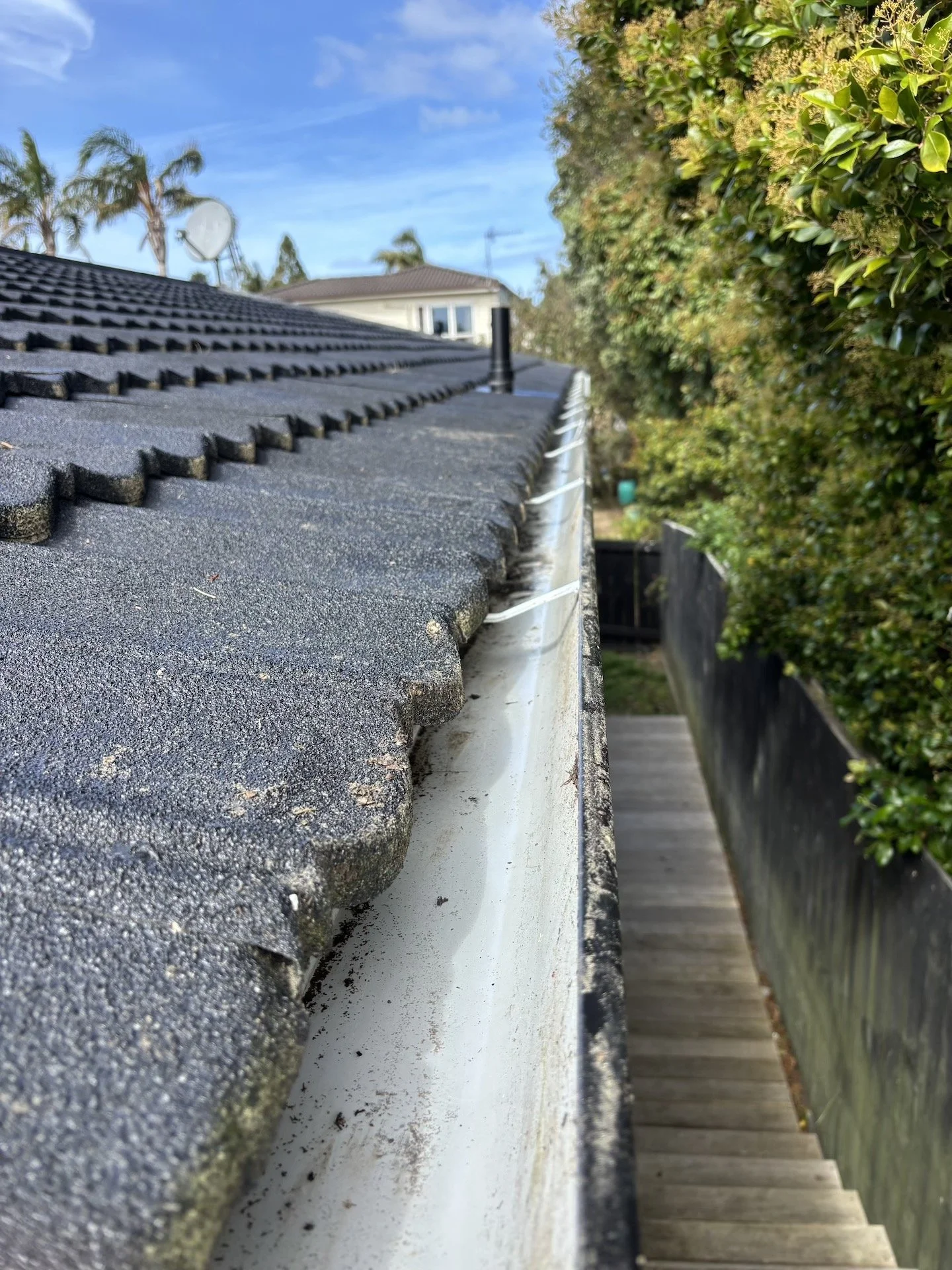 Close-up of a house roof's edge showing black asphalt shingles and a white gutter, with a wooden staircase and fence below, and green bushes to the right, under a partly cloudy blue sky.