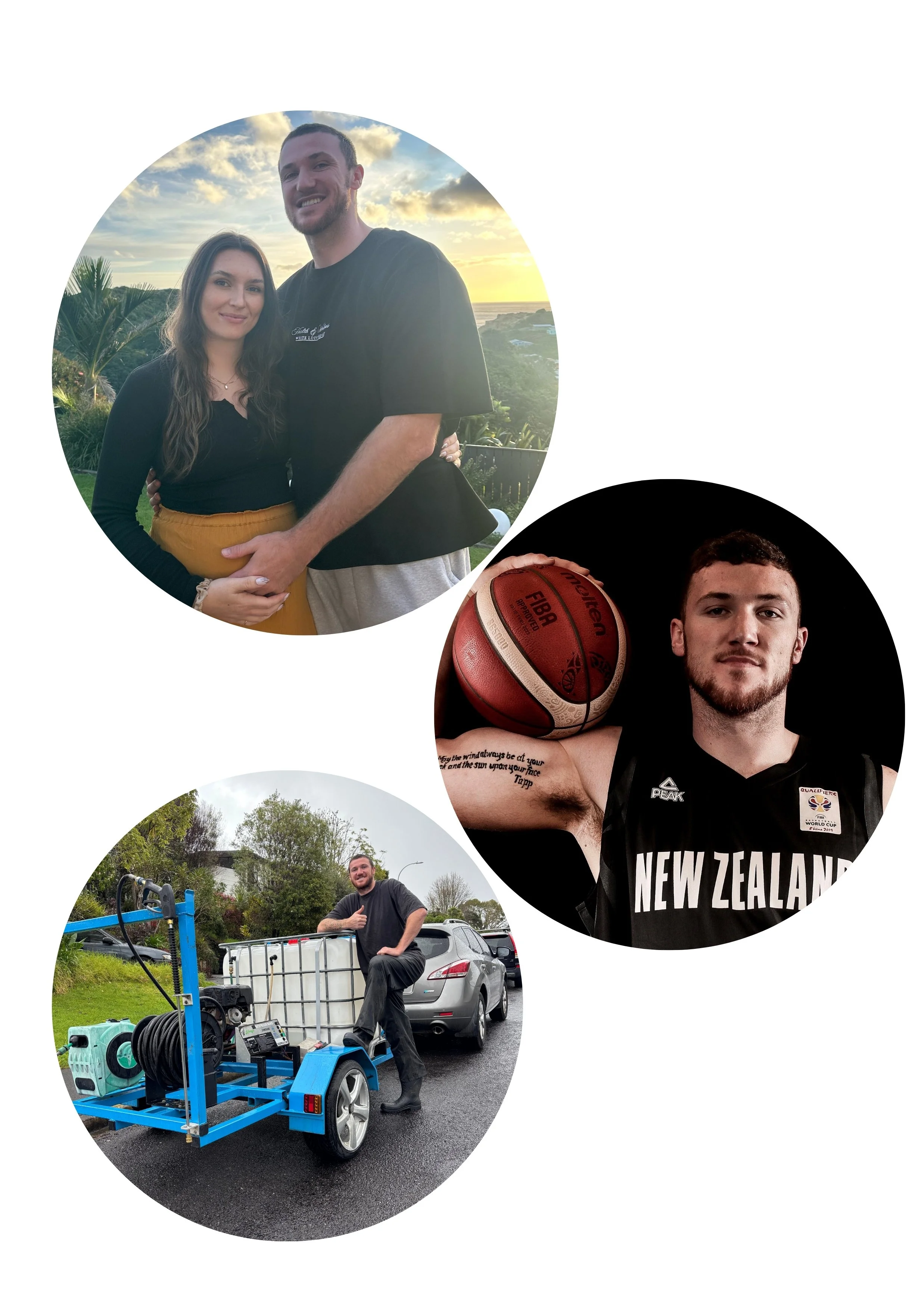 A collage of three photos featuring a man, a woman, and a basketball player. The first photo shows a woman and a man outdoors at sunset, with the woman holding her pregnant belly. The second photo features a male basketball player holding a basketball with