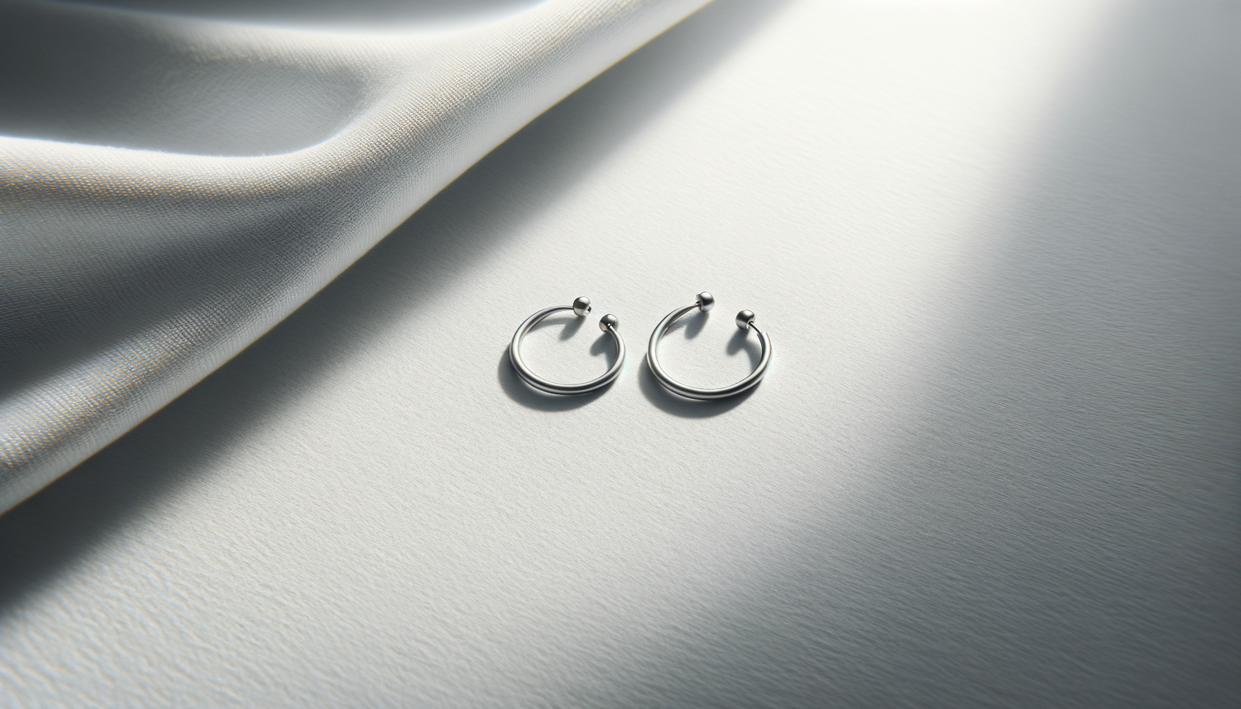 A pair of silver hoop earrings on a textured white surface with a draped fabric in the background.