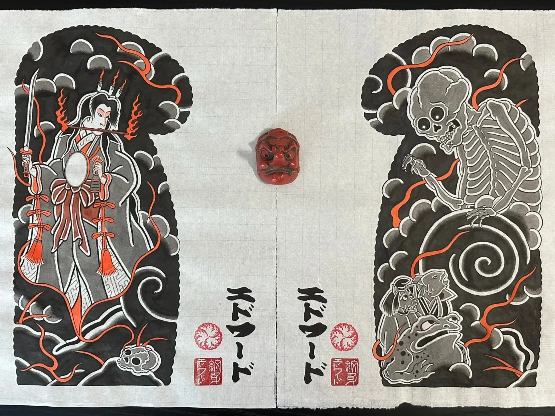 Full-sleeve traditional Japanese tattoo paintings, Takiyasha-hime depicted as a powerful sorceress and the Gashadokuro, the giant skeletal yokai, shown rising from darkness with dramatic movement, accompanied by yokai