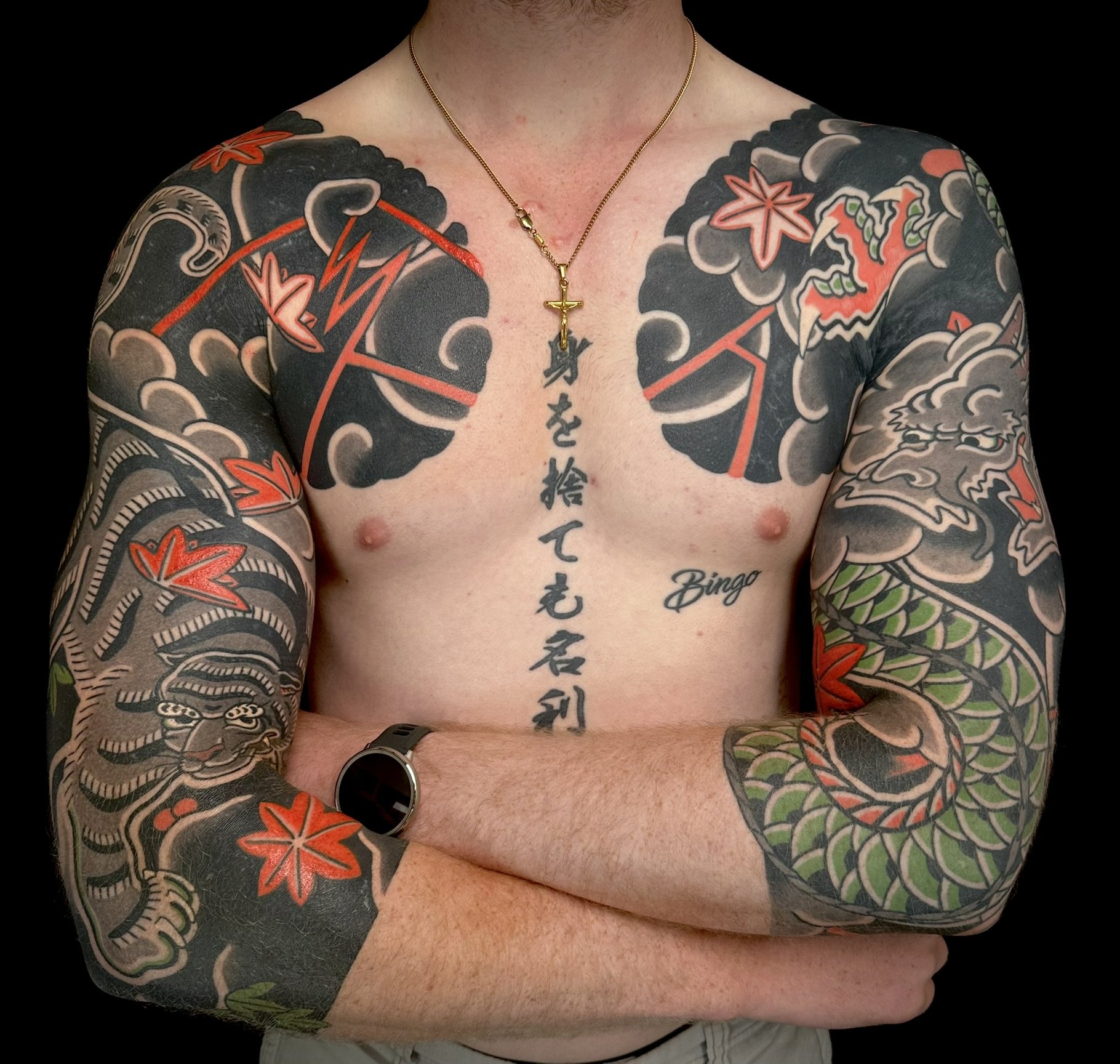 “Dragon & Tiger”, Japanese dragon and tiger sleeves by Edward Neo showing the rivalry between the dragon in heaven and the tiger on earth, its balance and raw power.