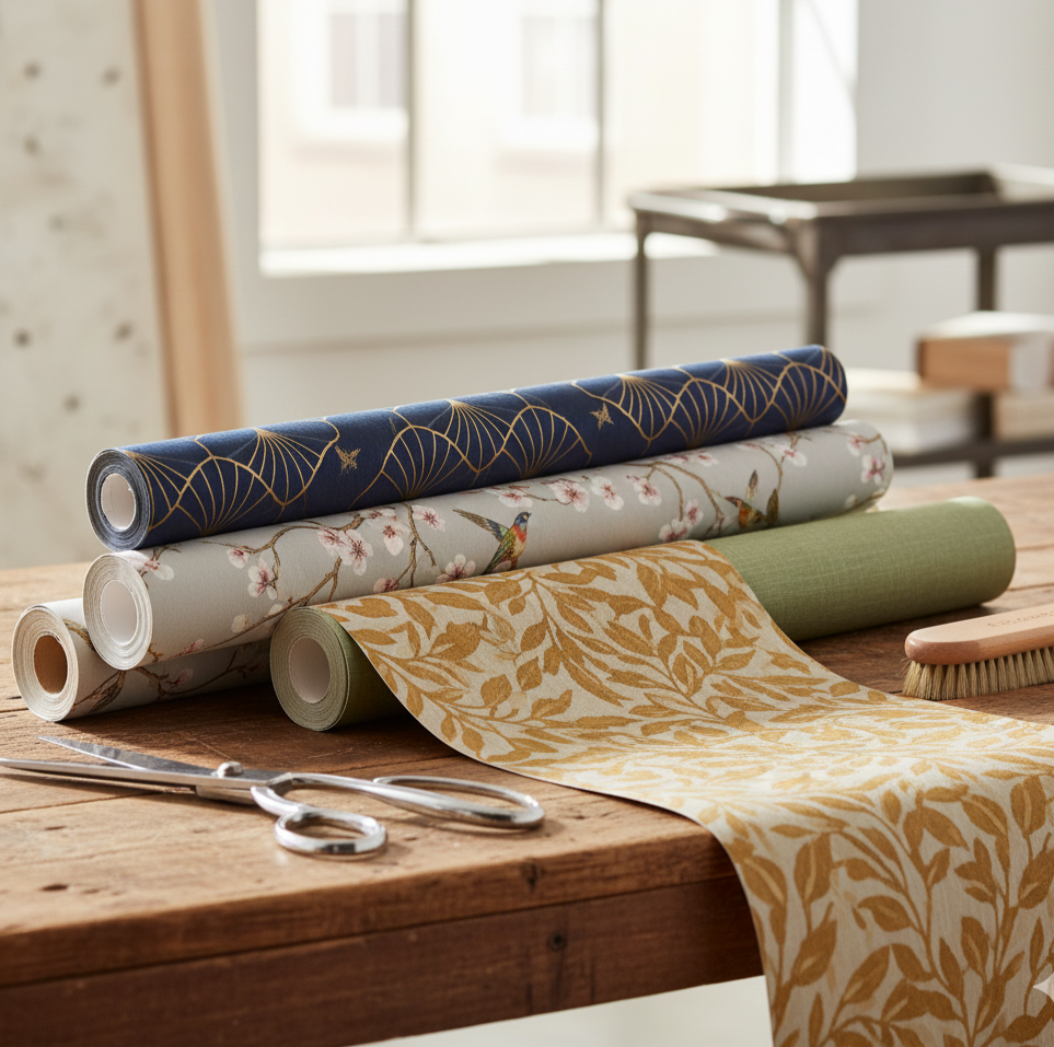 Four rolls of wallpaper with different patterns and colors are placed on a wooden table, along with a pair of scissors and a brush, in a well-lit room.