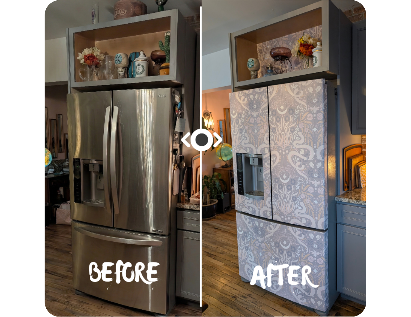 Side-by-side comparison of a refrigerator before and after a transformation. The 'before' shows a stainless steel LG refrigerator with a water and ice dispenser, in a kitchen with wooden flooring. The 'after' displays a fridge covered with a decorative white patterned adhesive or paint, matching the kitchen cabinetry, with the same side view.